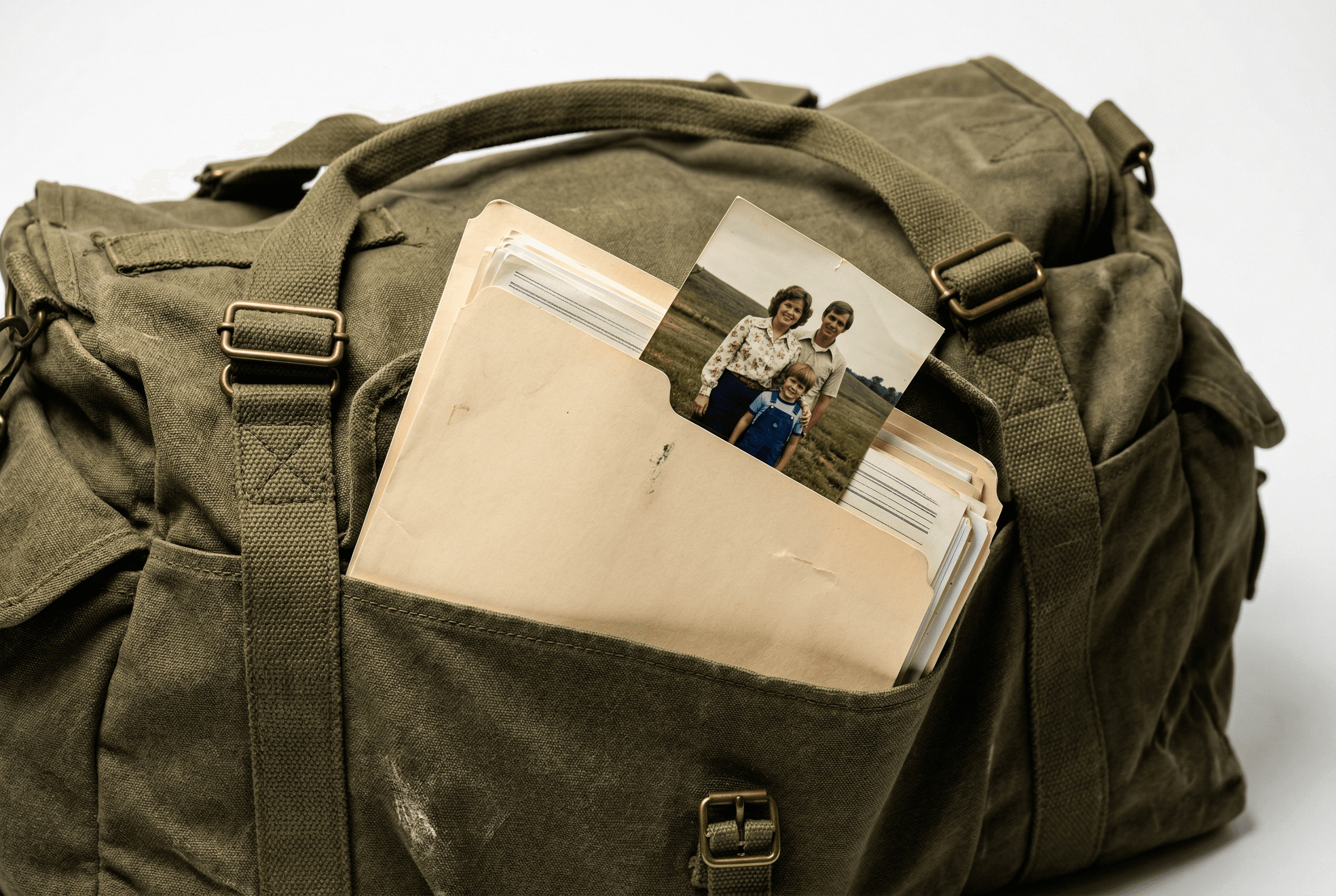 Military duffel bag with immigration documents tucked in side pocket
