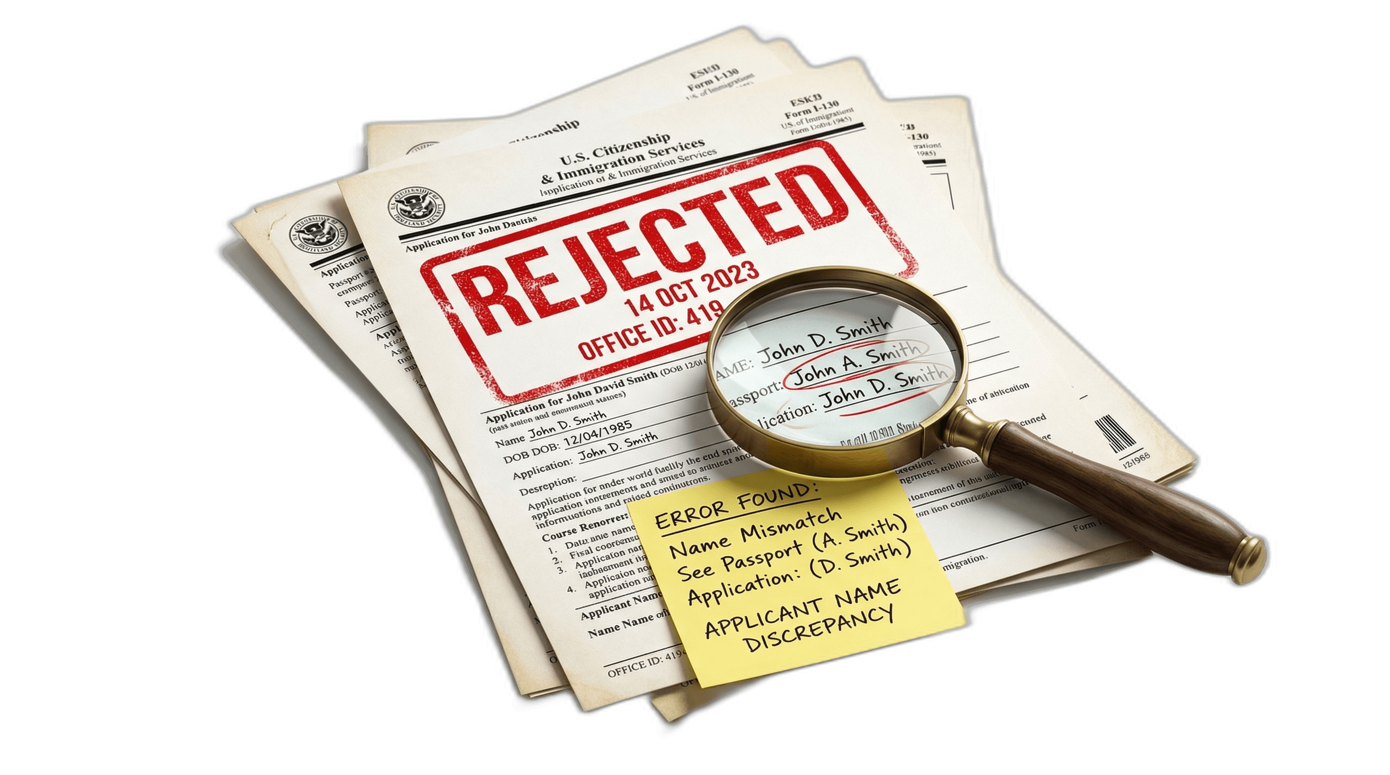 Immigration documents with a REJECTED stamp and magnifying glass highlighting an error in a parent green card application.