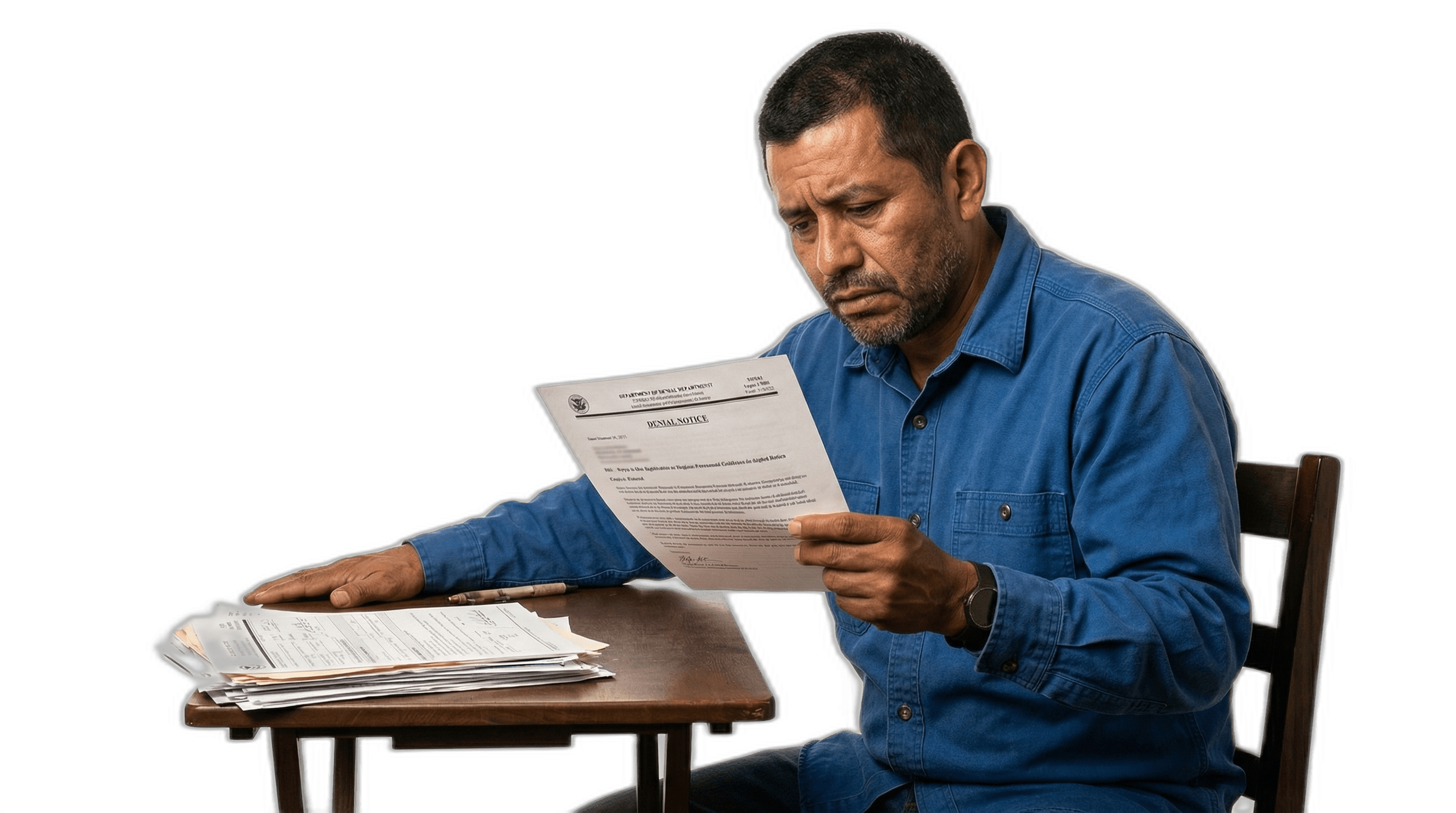 Worried man holding a USCIS denial notice at a desk, representing the consequences of hiring an unlicensed notario.
