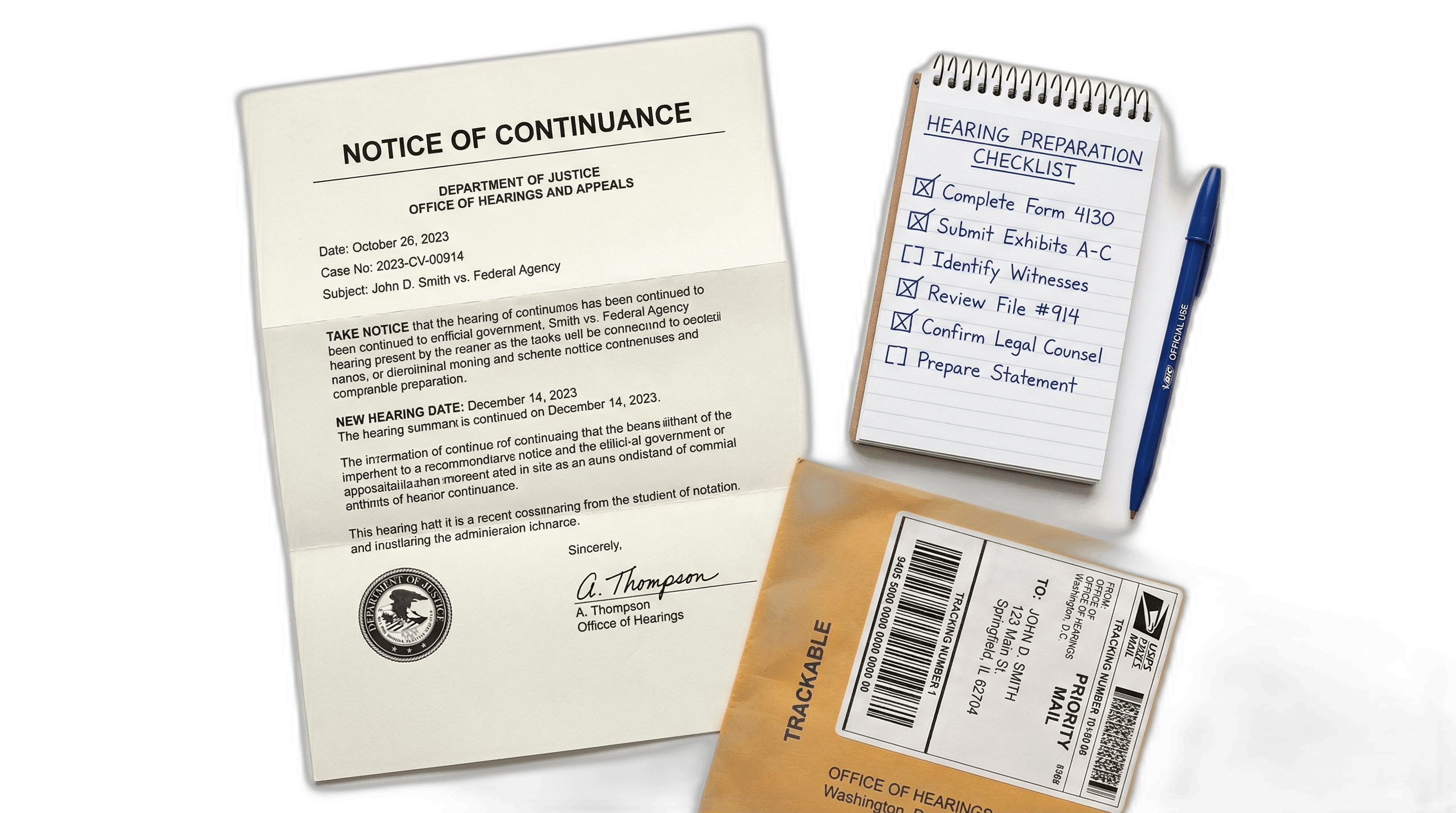 Notice of Continuance letter with a checklist and trackable mailing envelope for a naturalization case response.