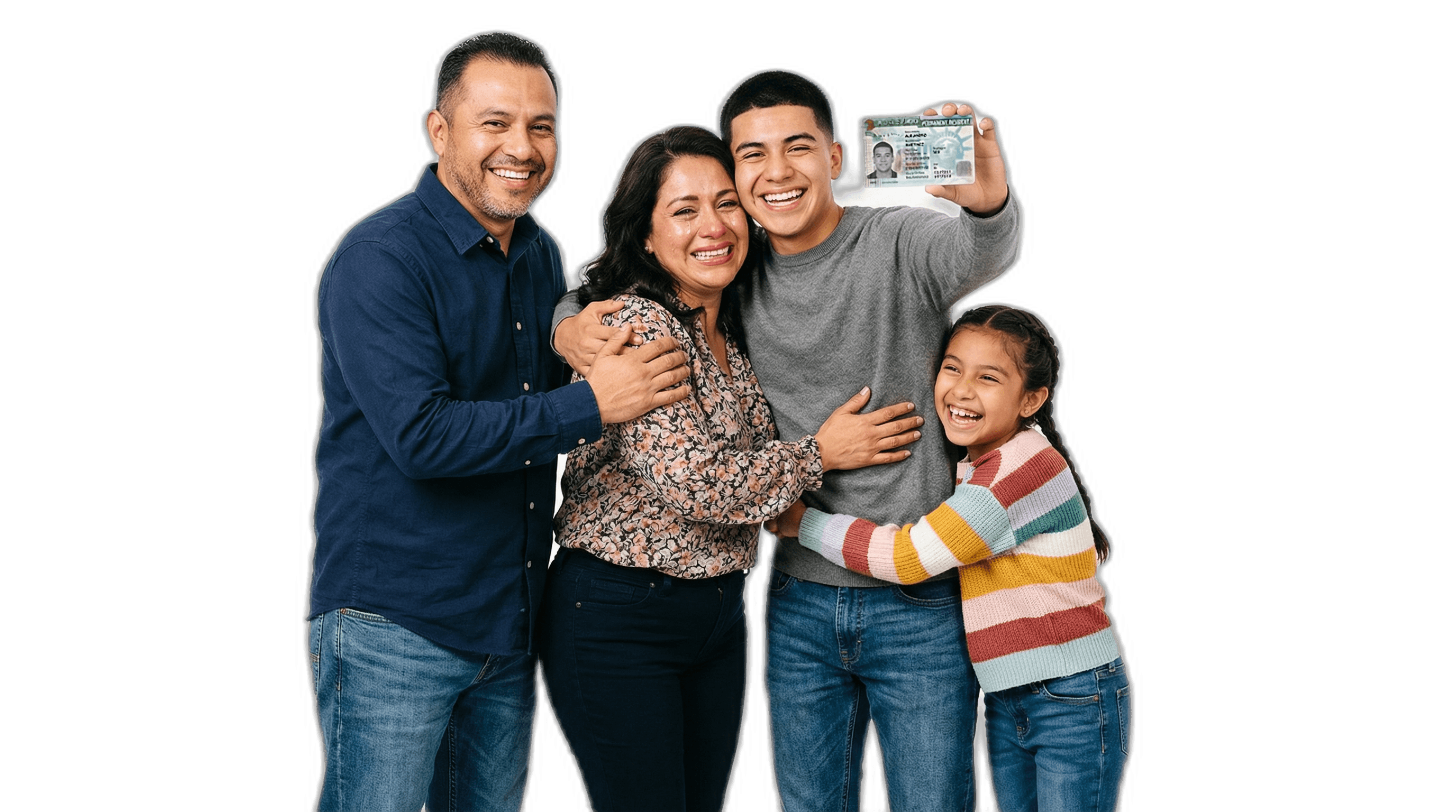 Joyful multi-generational family celebrating a child's green card approval.