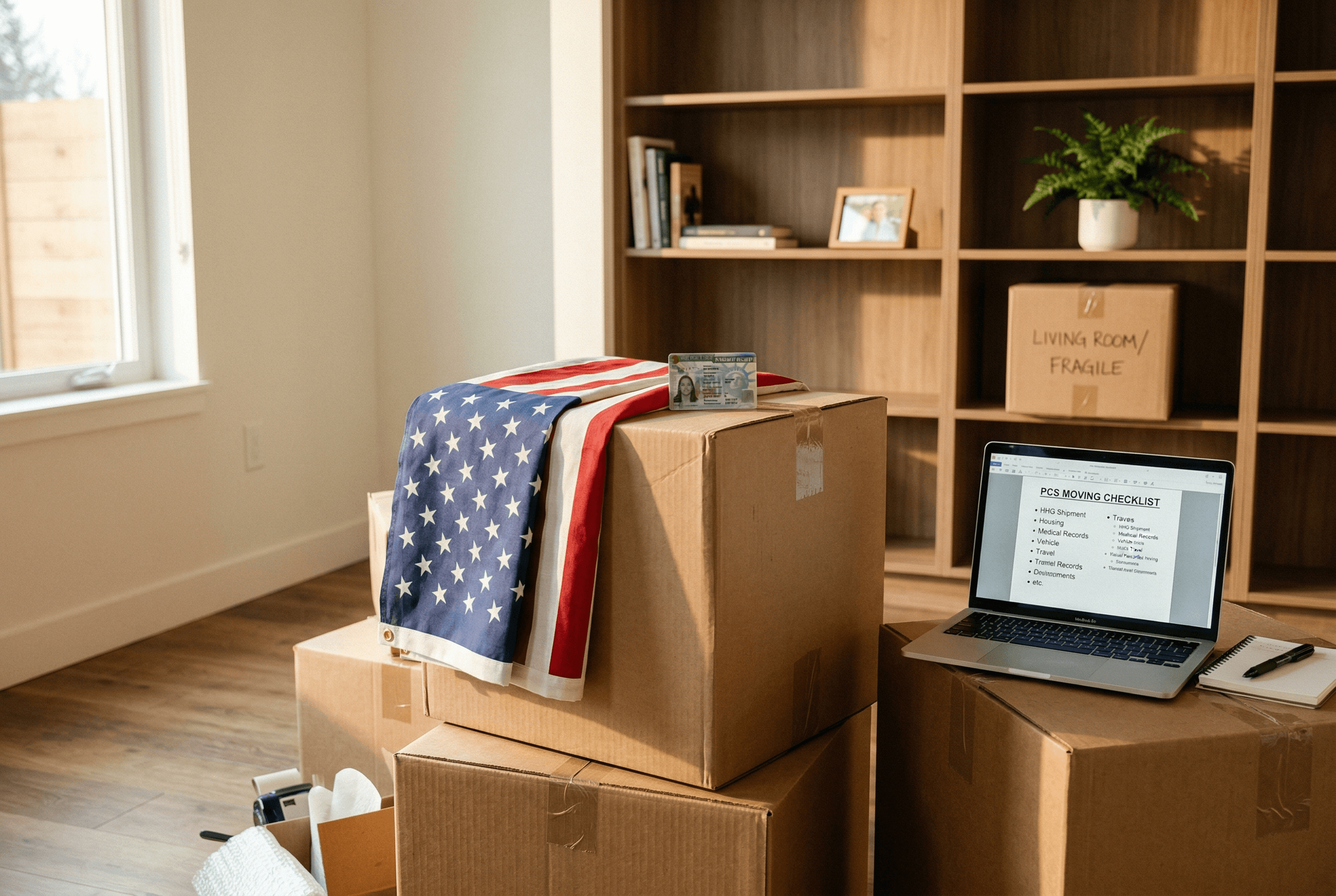 Moving boxes with American flag and laptop showing PCS checklist