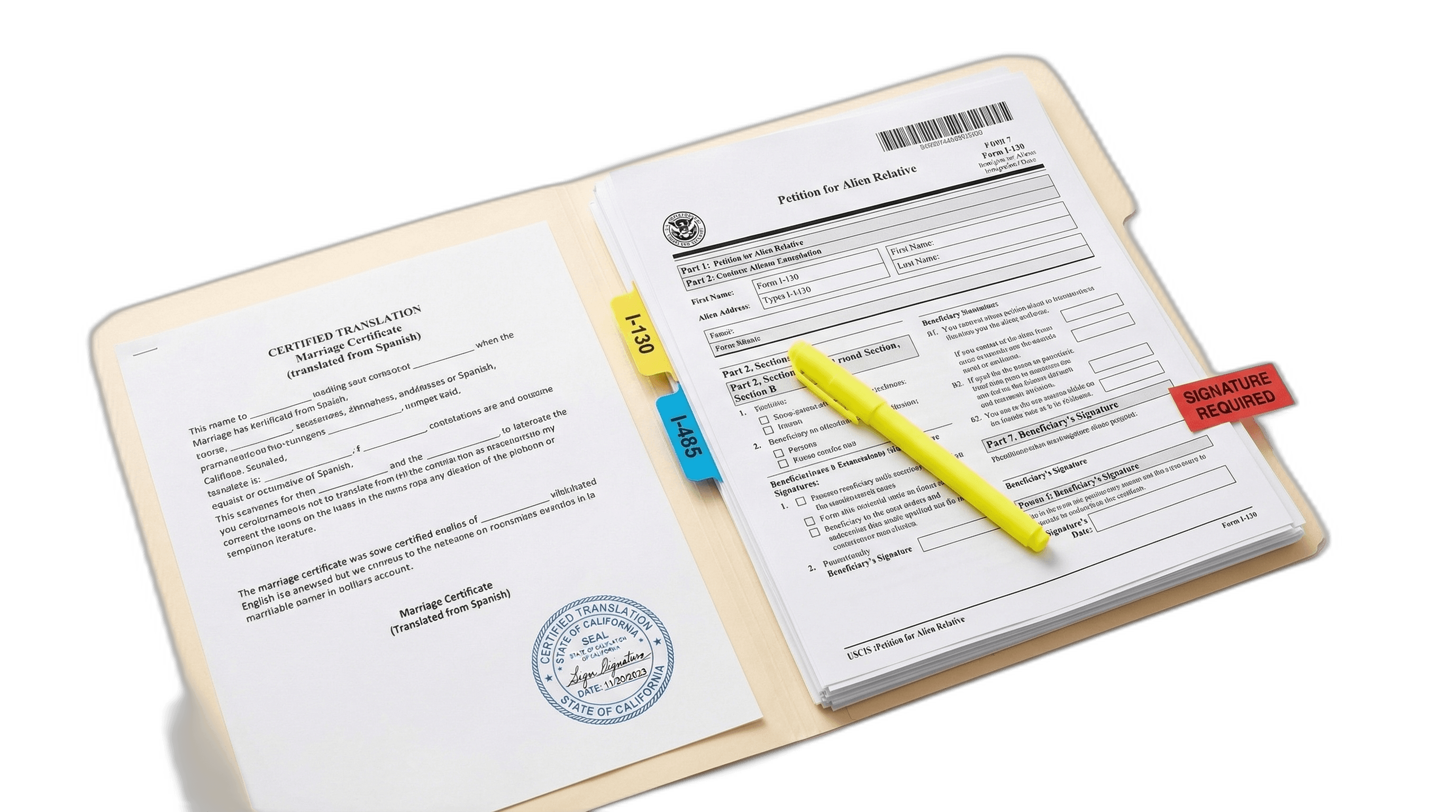 Immigration filing packet with signature-required flag and certified translation document for a child's green card application.