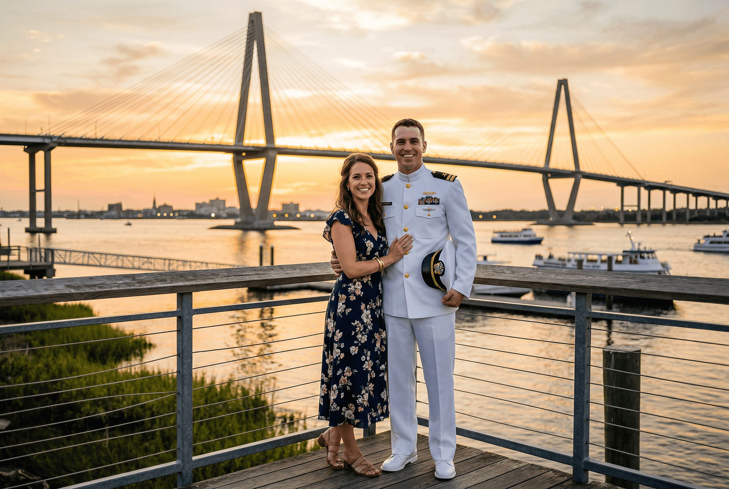 Navy couple at the Ravenel Bridge in Charleston, South Carolina at golden hour