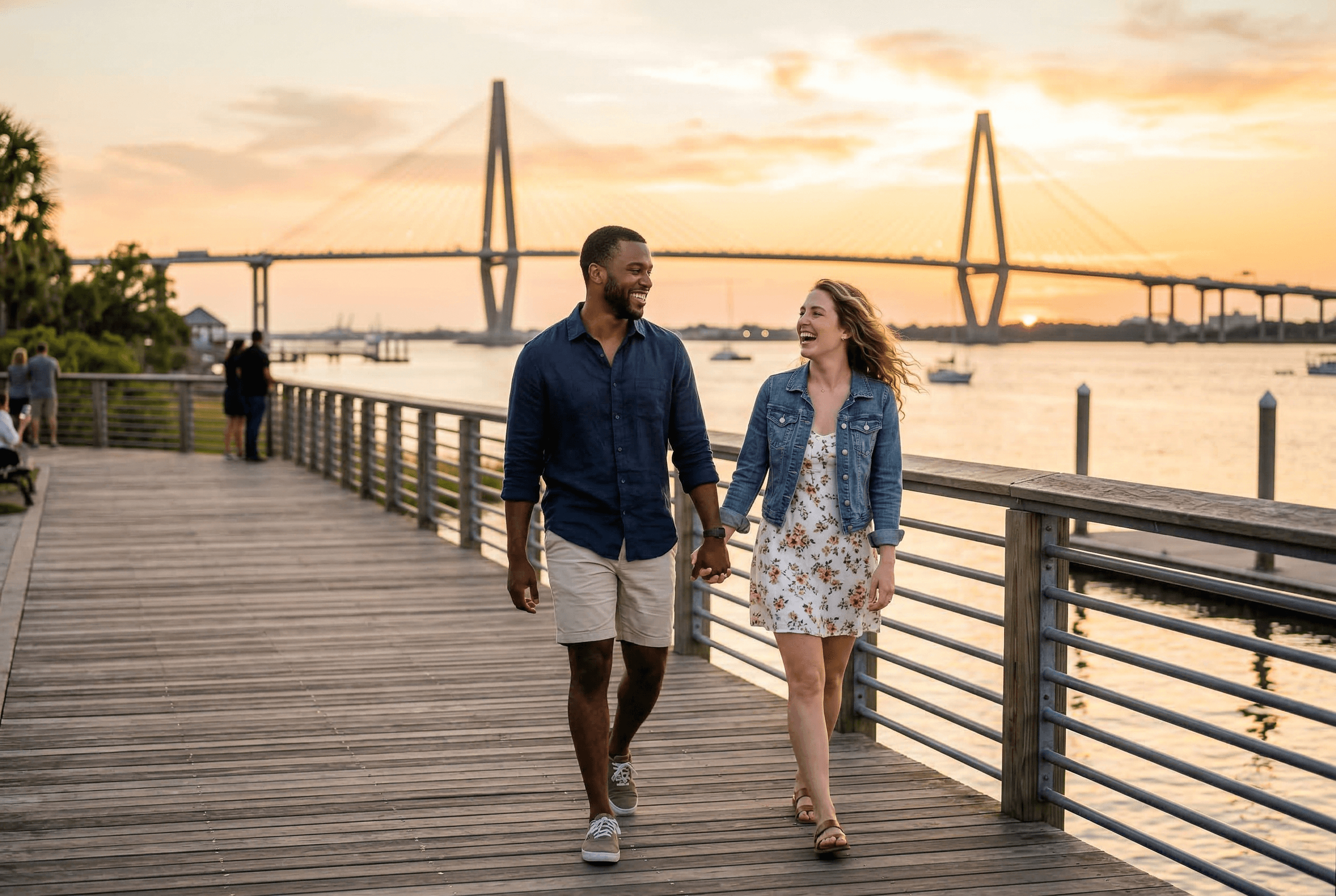 Couple walking on Charleston Waterfront Park boardwalk with Ravenel Bridge at sunset