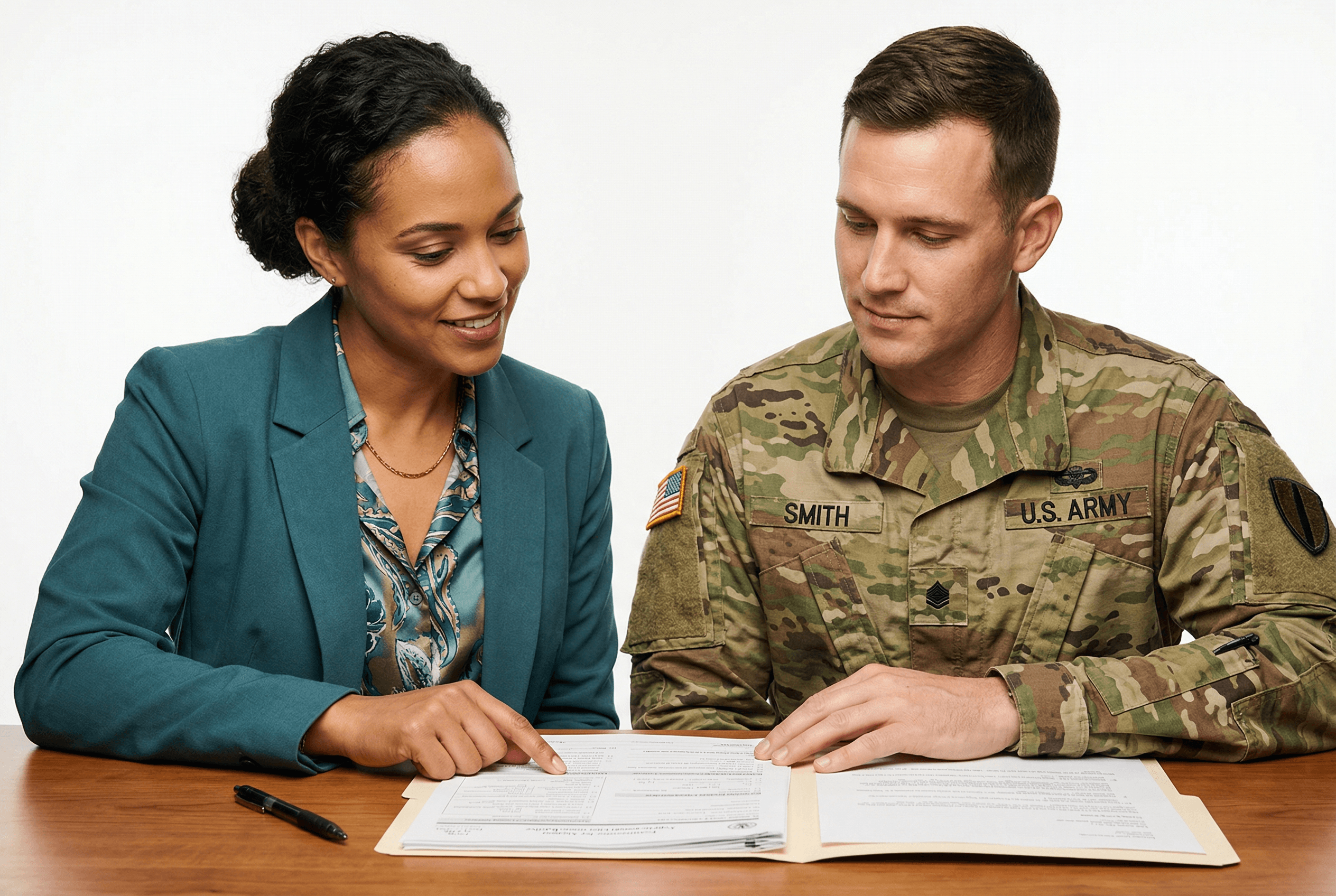 Military couple reviewing immigration documents together at a table