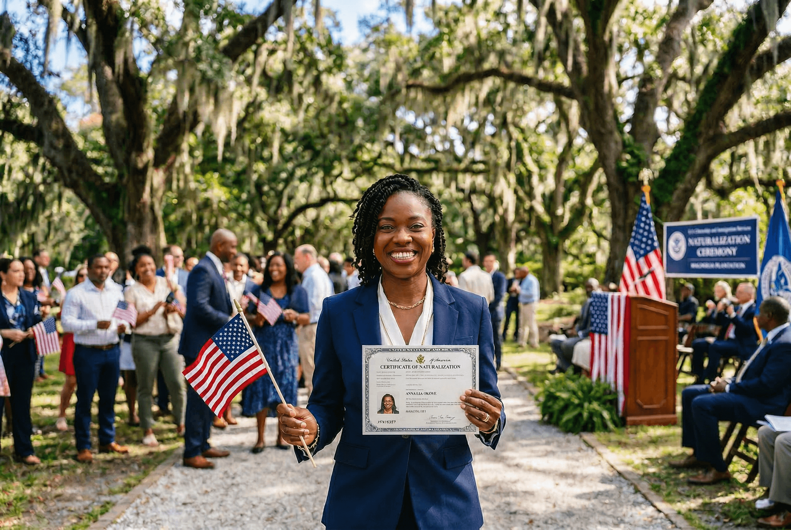New U.S. citizen celebrating after naturalization ceremony in Charleston