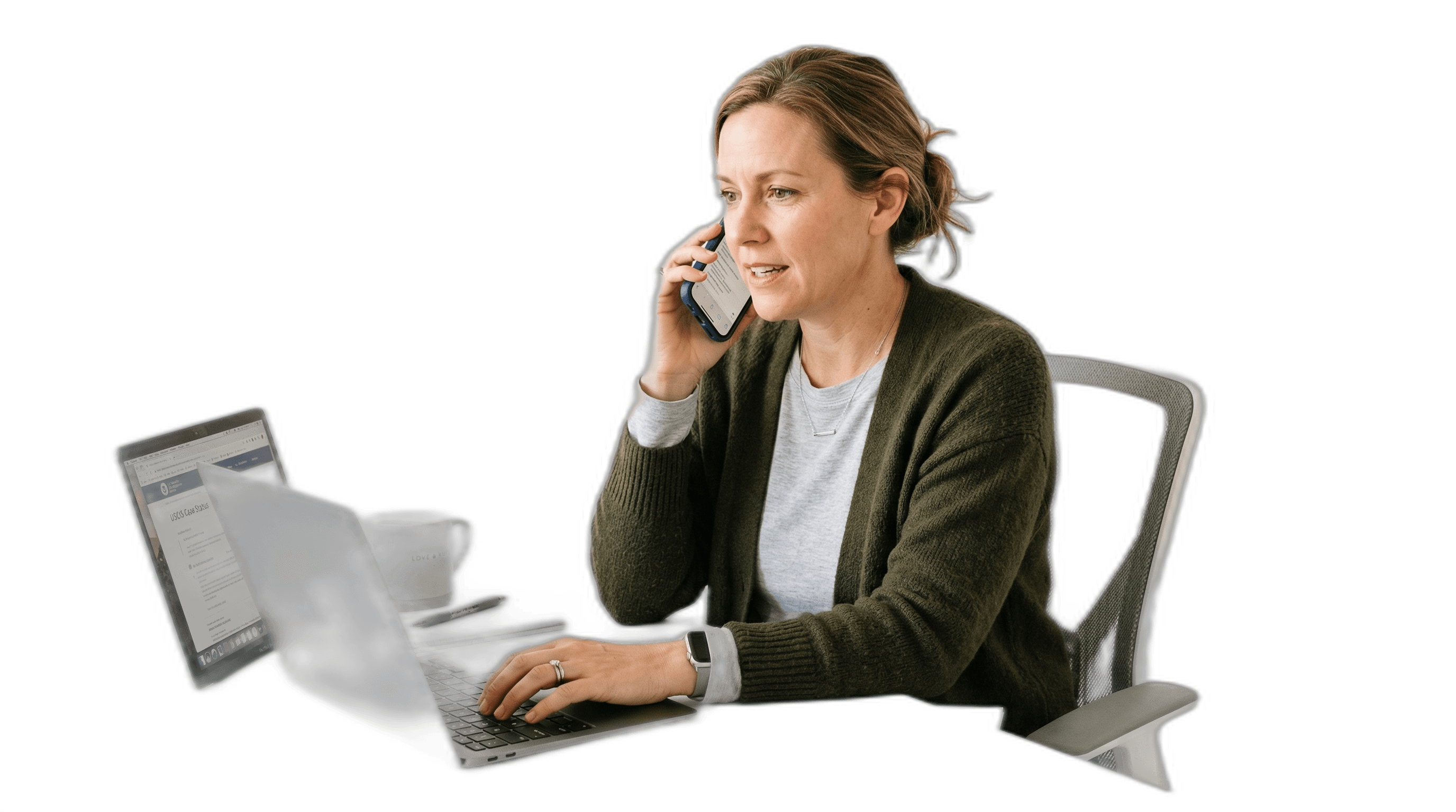 Mother on phone with laptop open, proactively advocating for her child's delayed green card case.