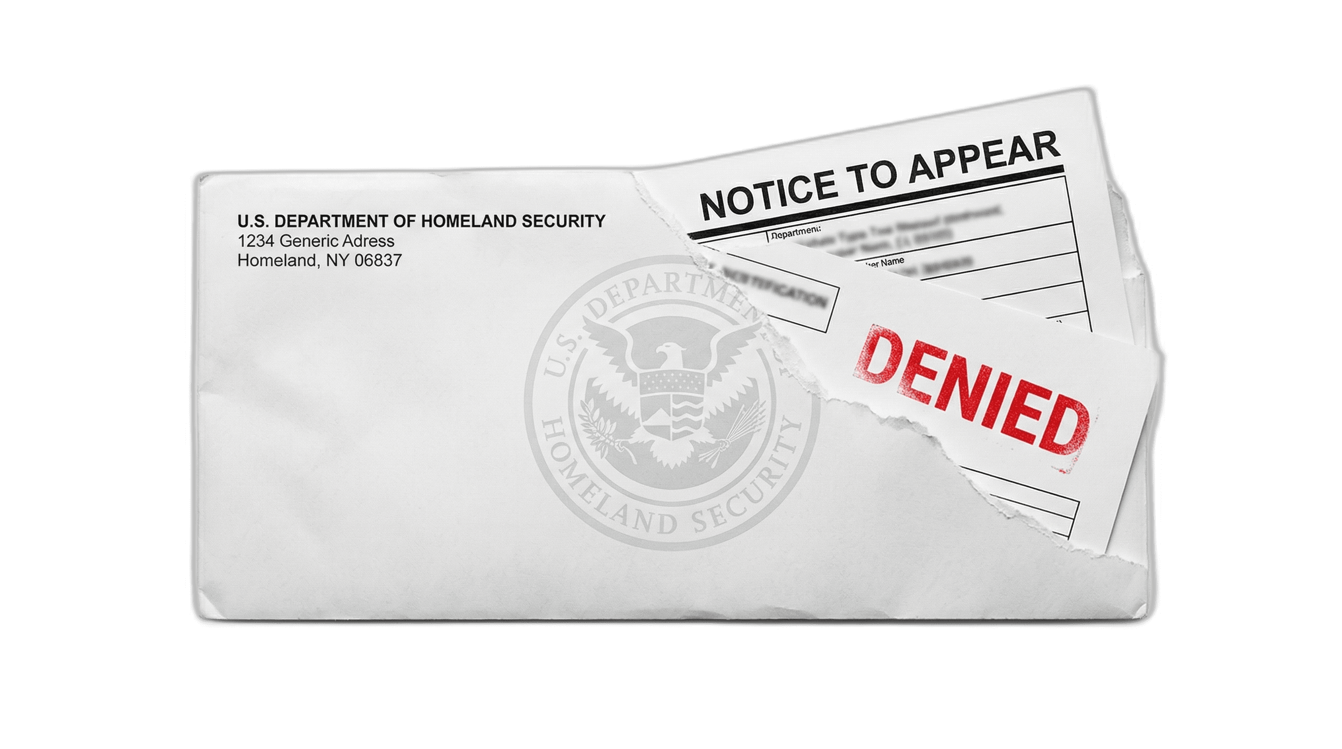 Torn government envelope revealing a Notice to Appear document with a DENIED stamp, illustrating the 2025 USCIS policy change.