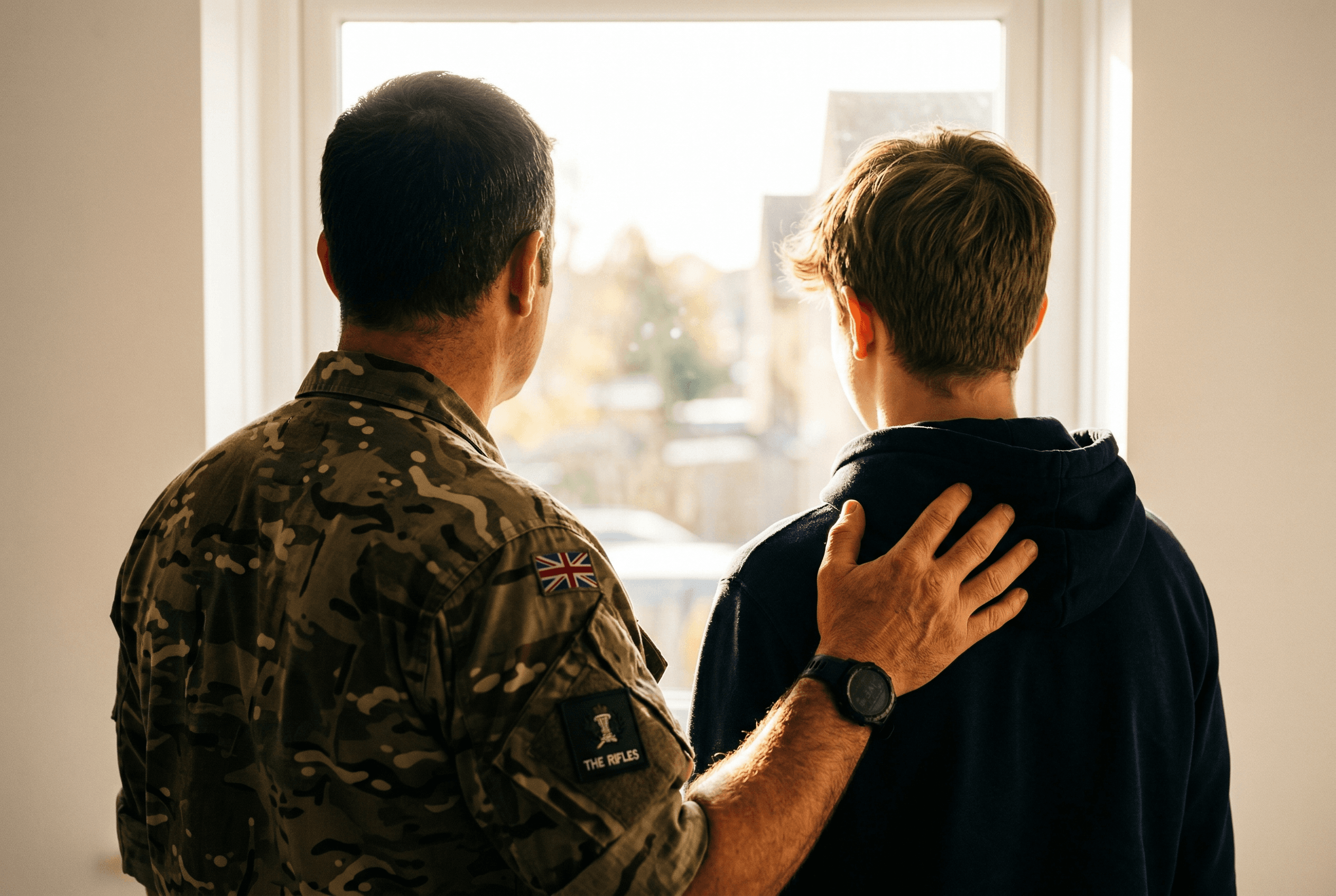 Military parent with hand on teenager's shoulder looking toward a bright window