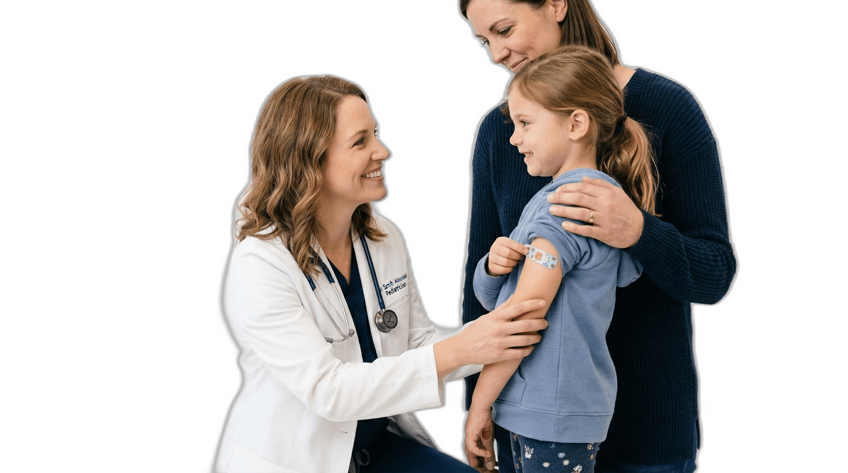 Pediatrician kneeling at eye level with a young child during an immigration medical exam, offering reassurance.