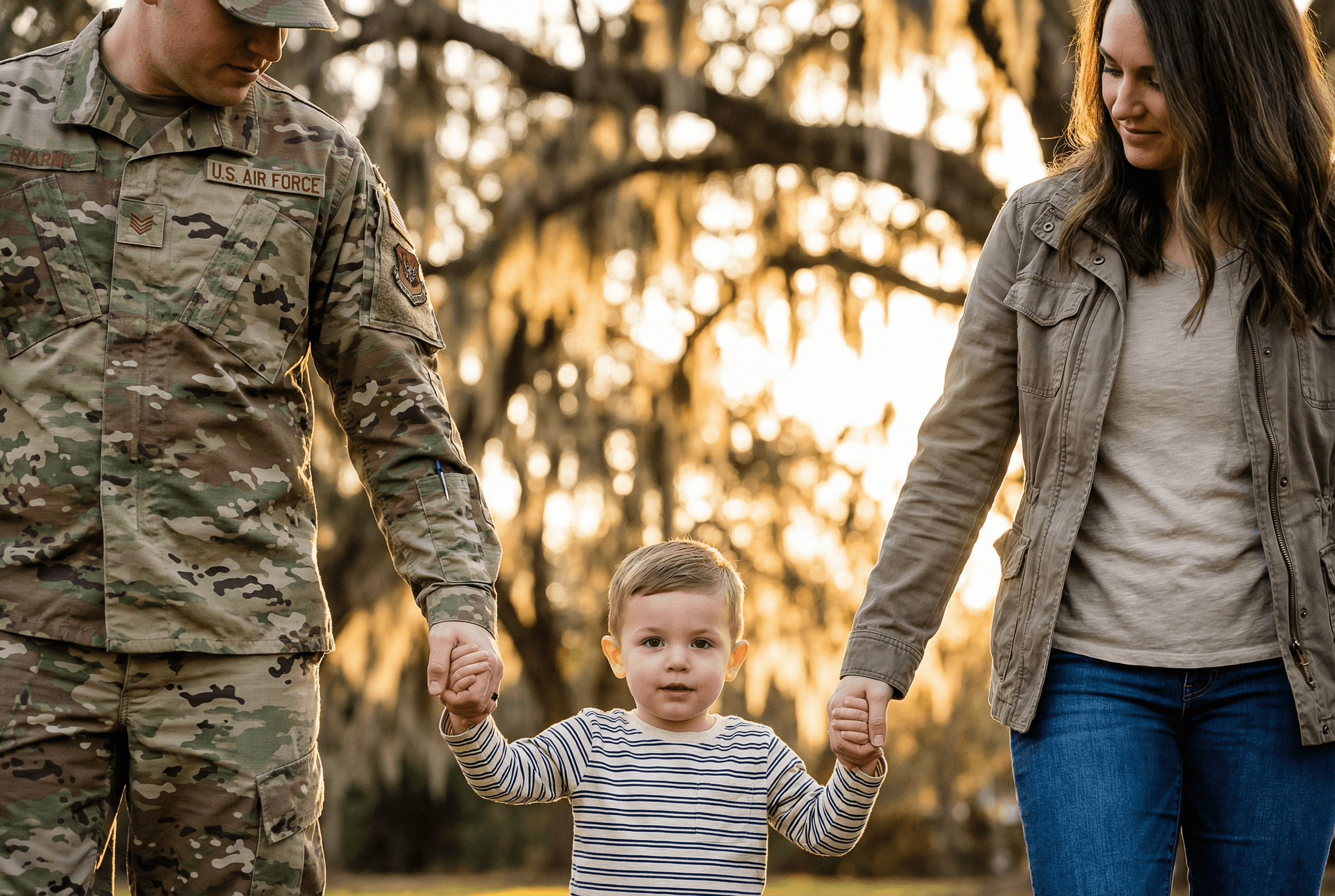 Military family walking together in warm afternoon light