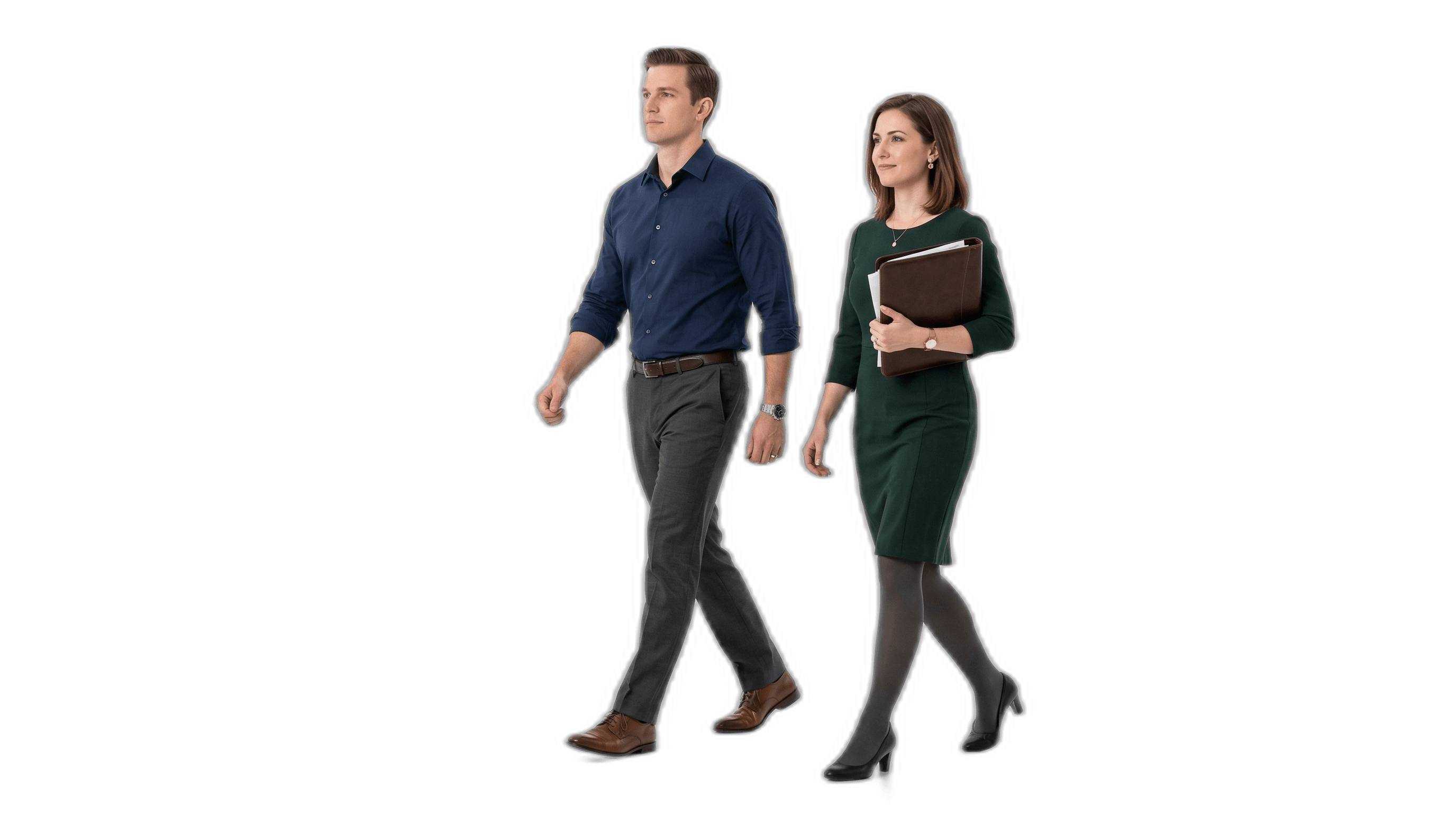 Well-dressed couple walking with purpose, carrying organized documents for their USCIS appointment.