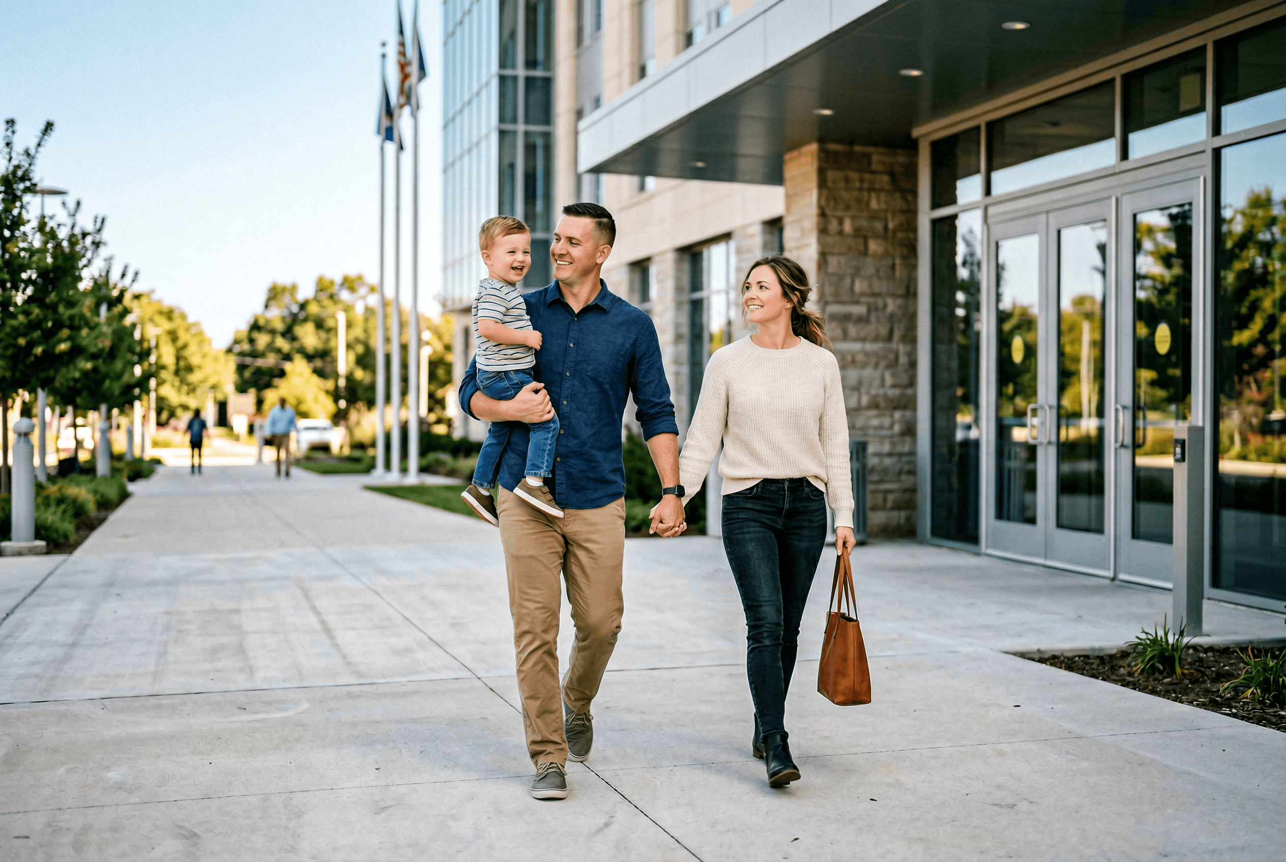 Military family walking toward a government building