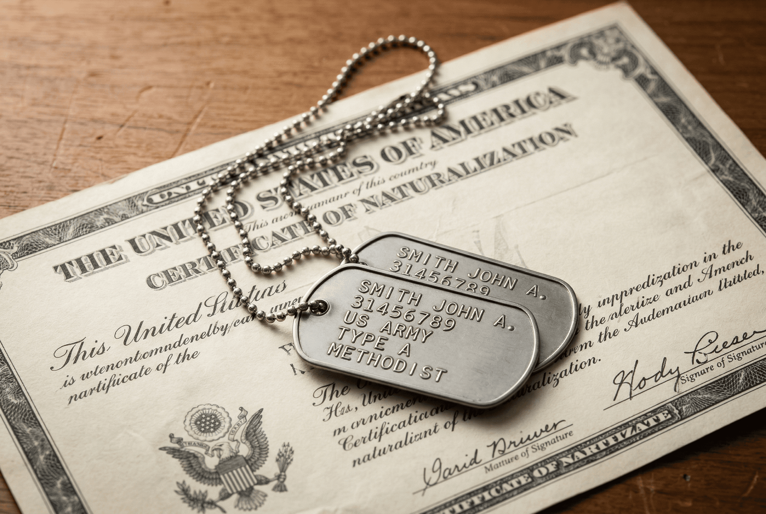 Military dog tags draped over a U.S. naturalization certificate