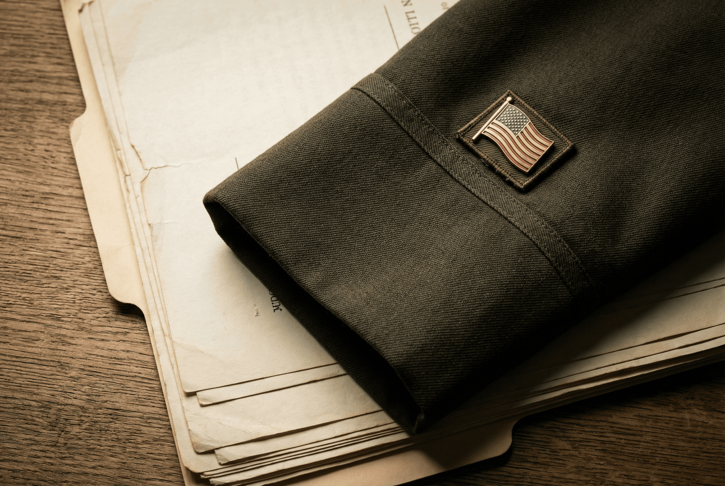 Military uniform sleeve resting on immigration legal documents