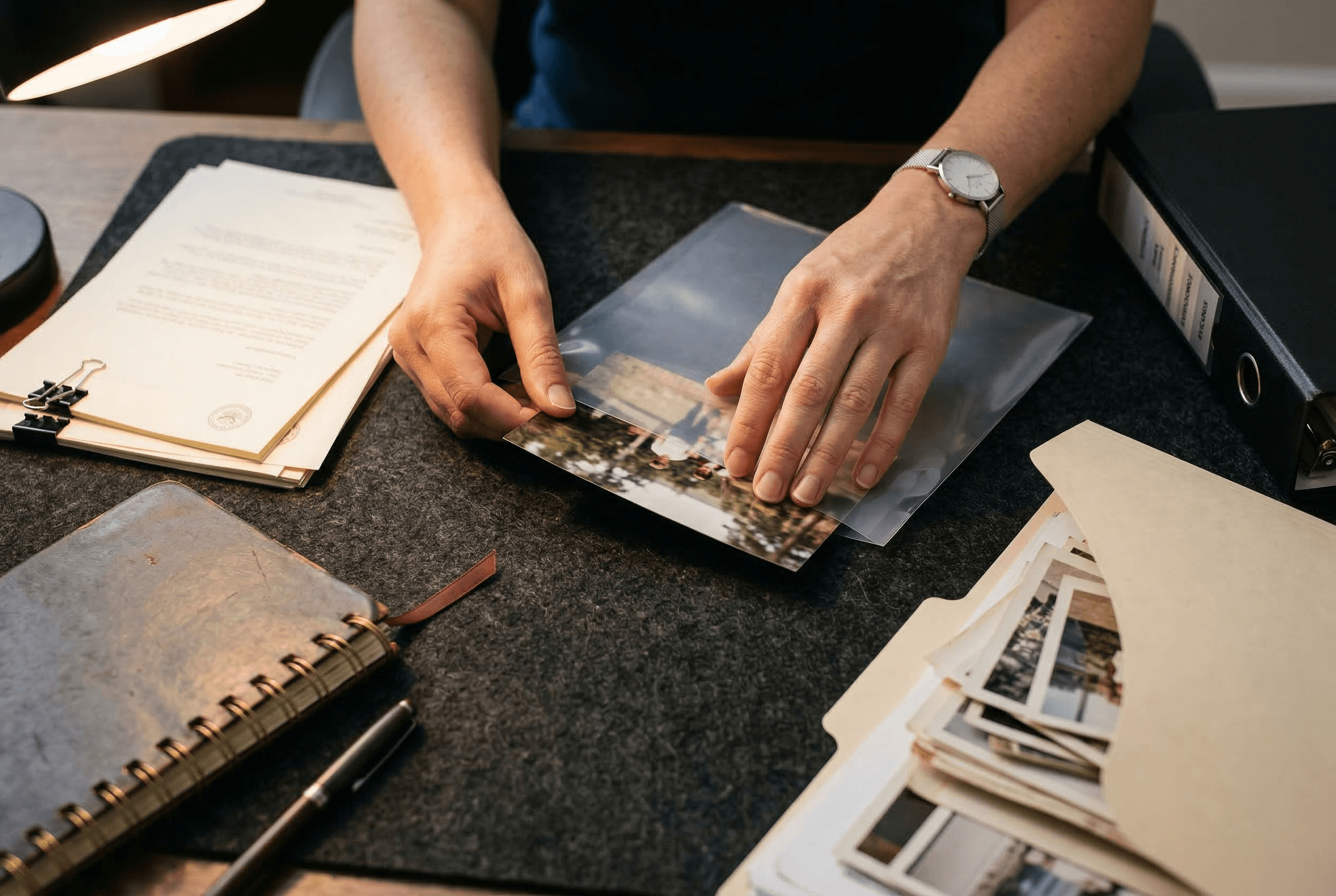 Professional organizing supporting evidence documents and photographs for a VAWA immigration case