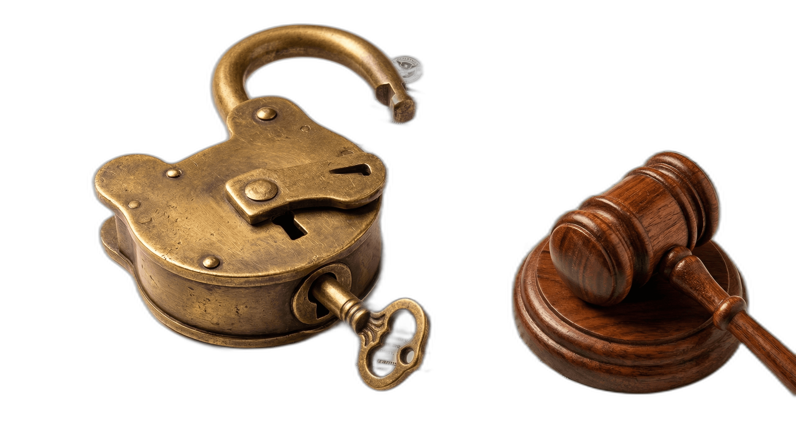 Brass padlock with key half-turned beside an I-601 waiver form and gavel, symbolizing unlocking immigration eligibility.