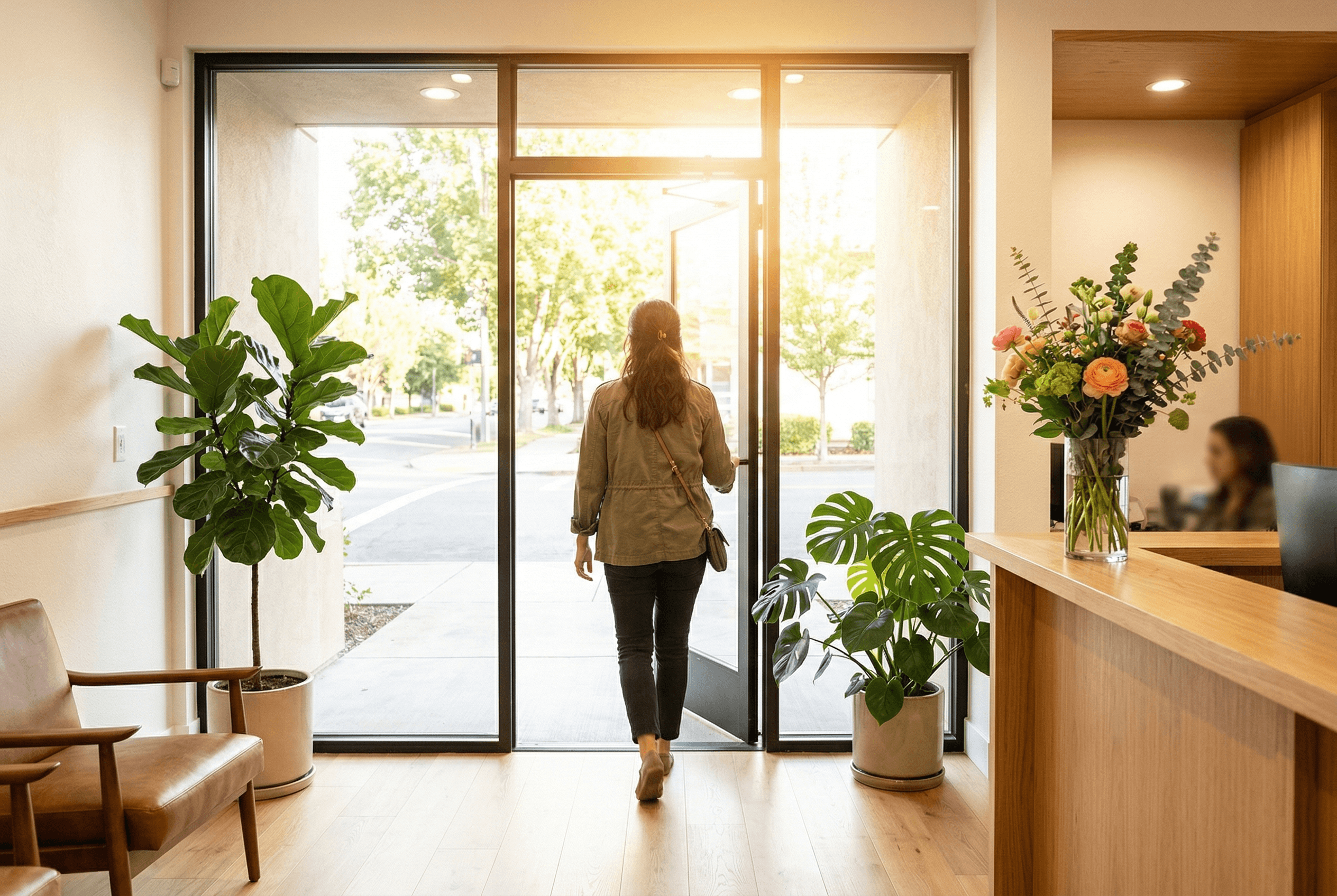 Woman walking confidently into a welcoming modern immigration law office bathed in morning light