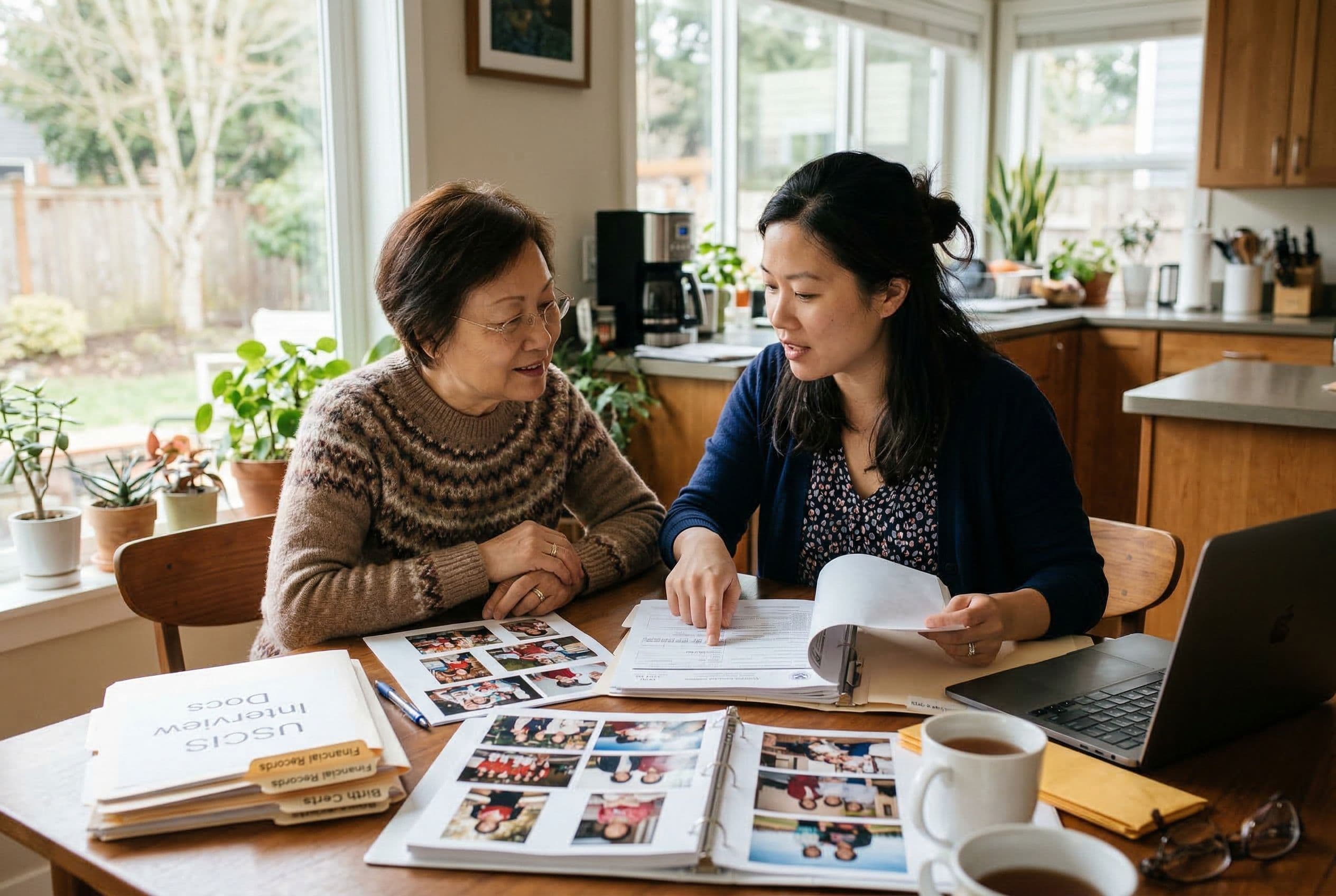 Adult daughter and elderly mother reviewing family photos and immigration documents at a kitchen table, preparing for a green card interview