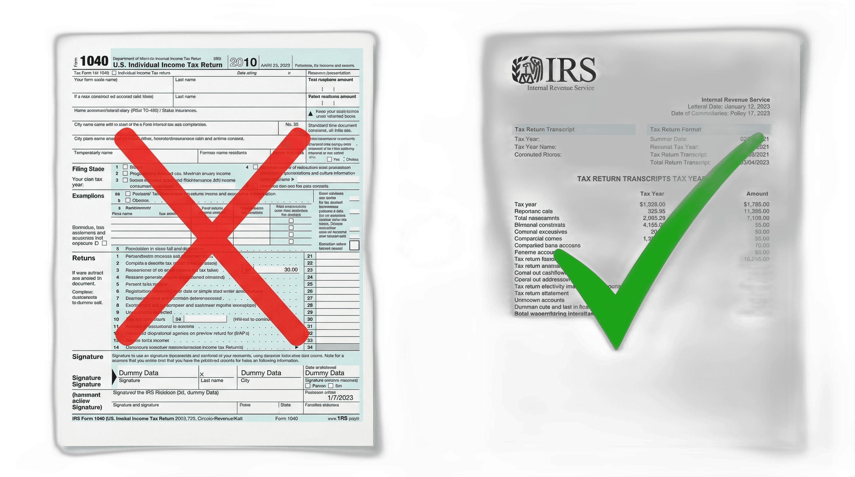 IRS Tax Return Transcript with a green checkmark compared to a tax return copy with a red X, showing the correct document for immigration.