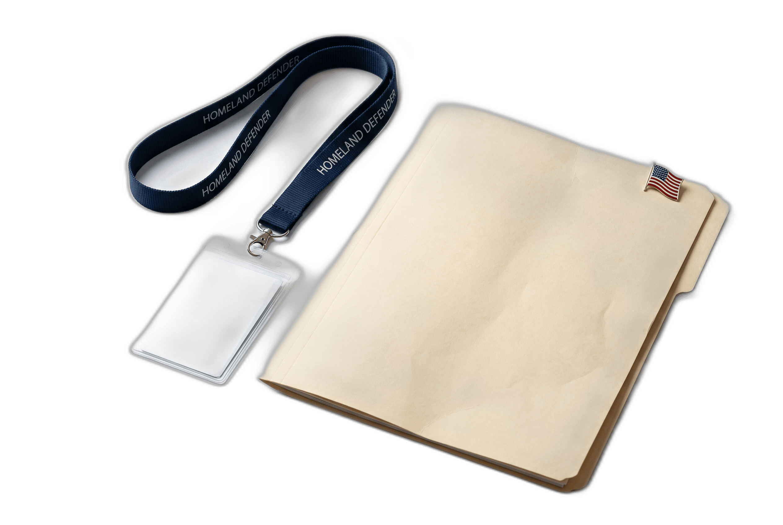 Blank government ID badge on lanyard next to immigration case folder — USCIS Homeland Defender hiring