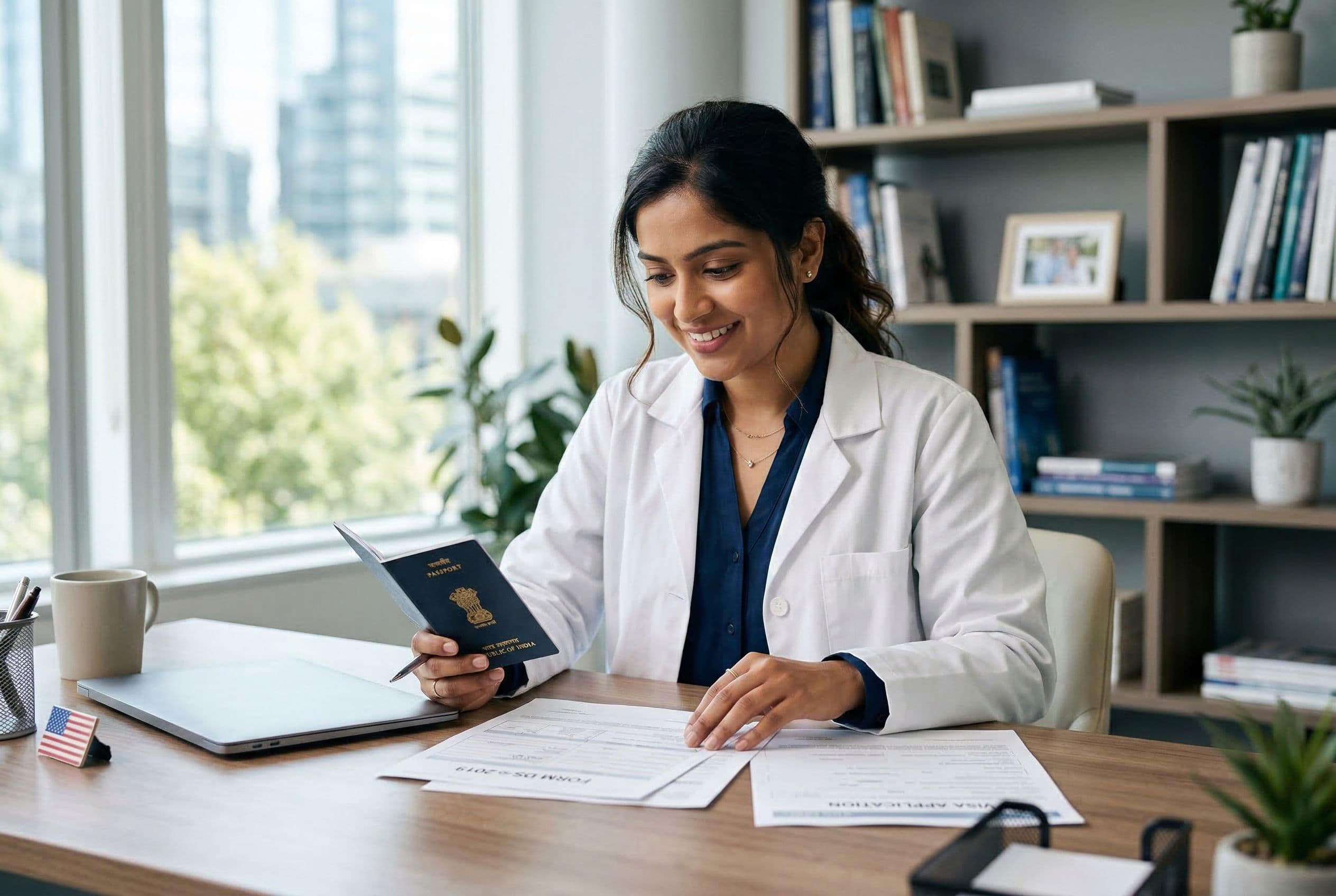 J-1 exchange visitor physician reviewing passport and DS-2019 immigration documents at a modern office desk