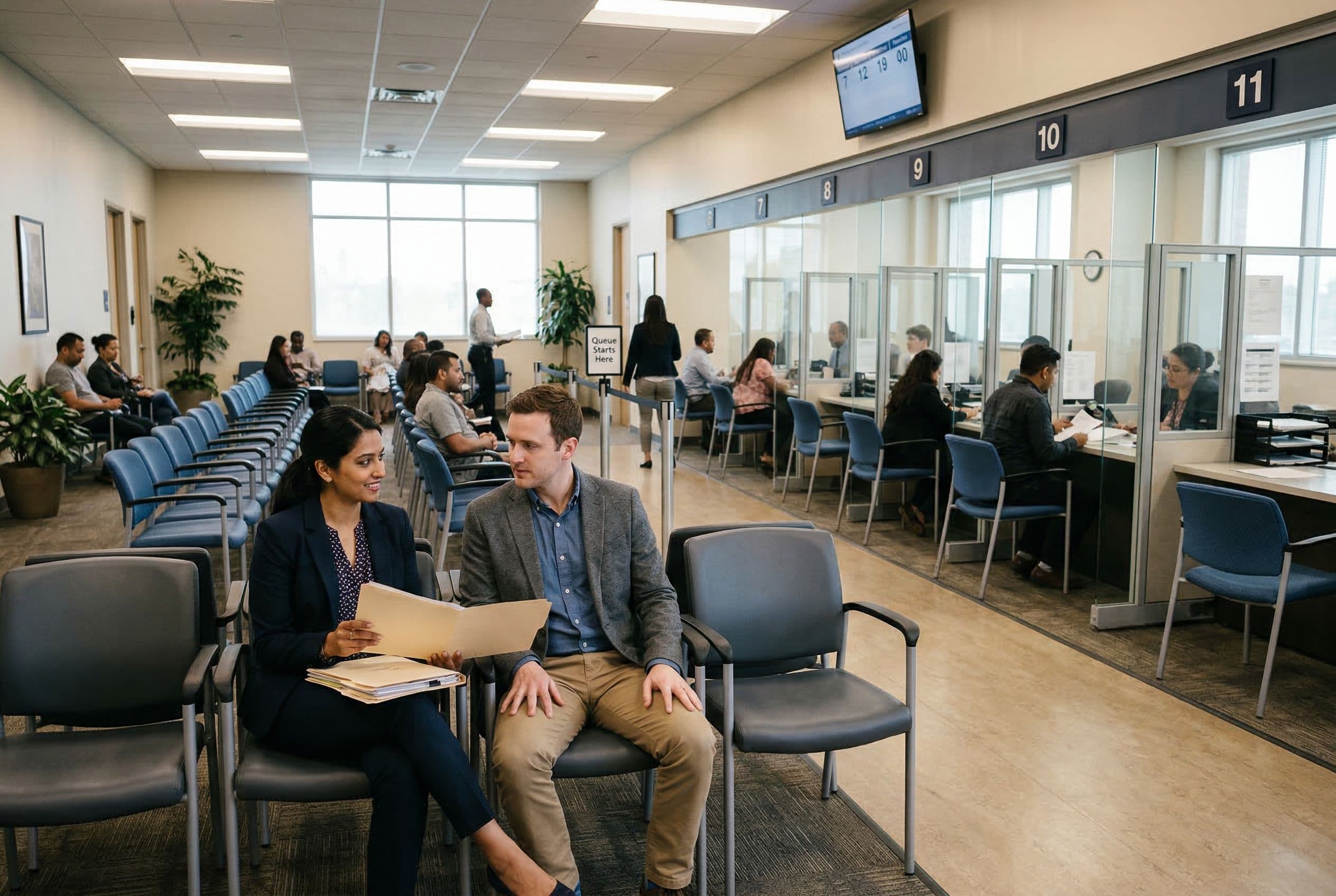 Couple sitting in a USCIS field office waiting room holding immigration documents before their marriage-based green card interview