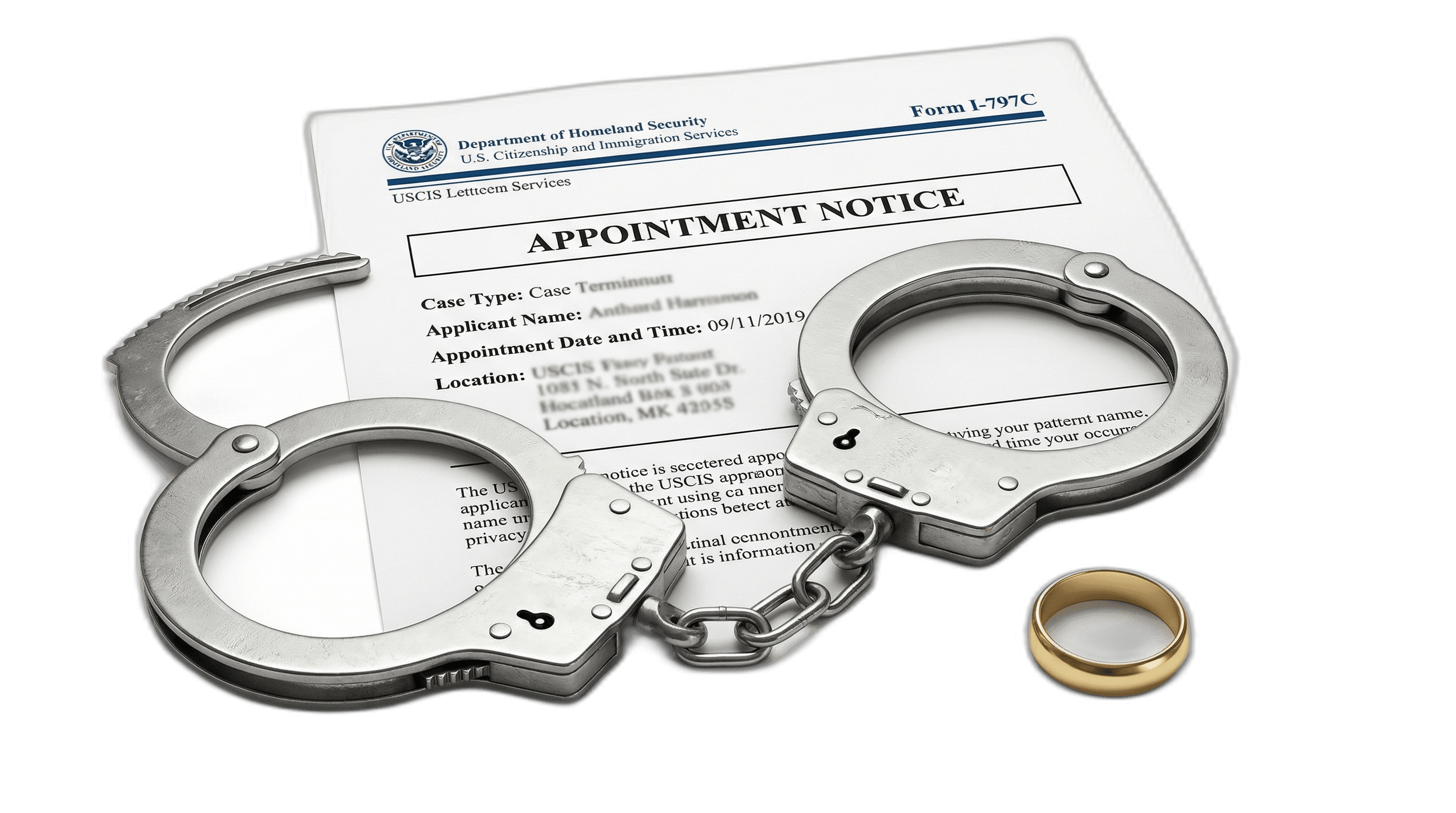 Handcuffs resting on a USCIS appointment notice beside a wedding ring, illustrating enforcement risks at immigration interviews.