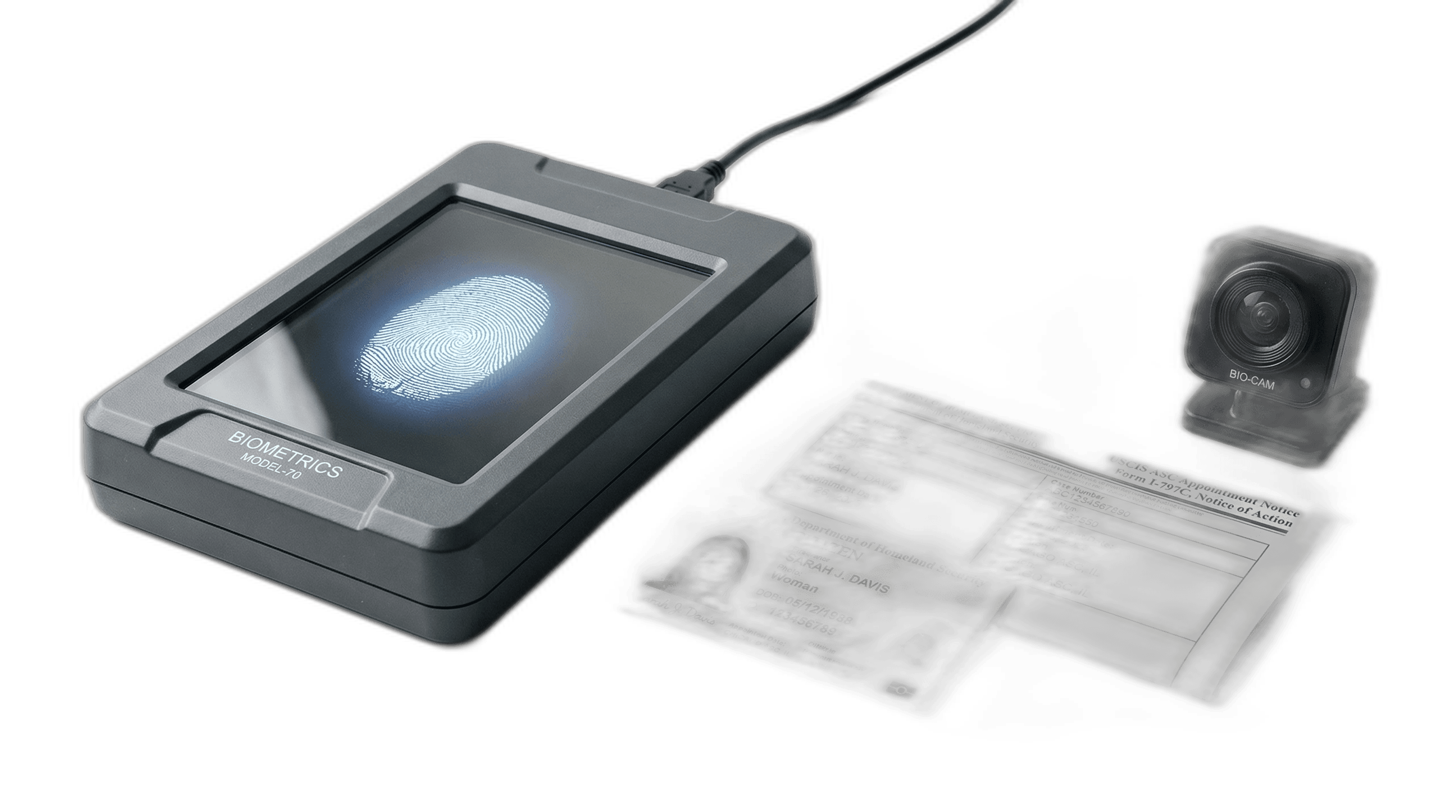 Digital fingerprint scanner with a glowing fingerprint beside a government ID and USCIS appointment notice.