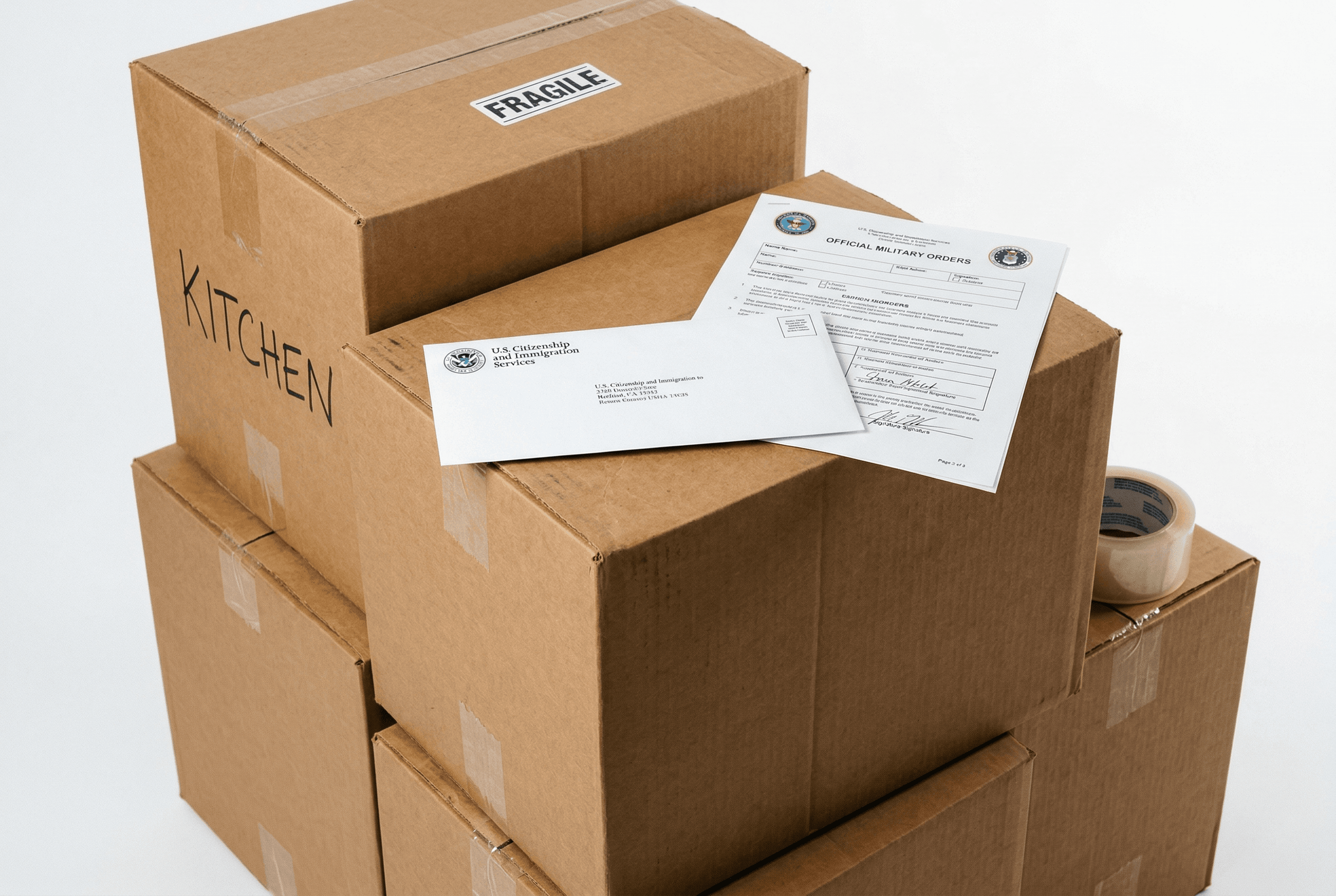 Moving boxes with immigration documents and military orders on top