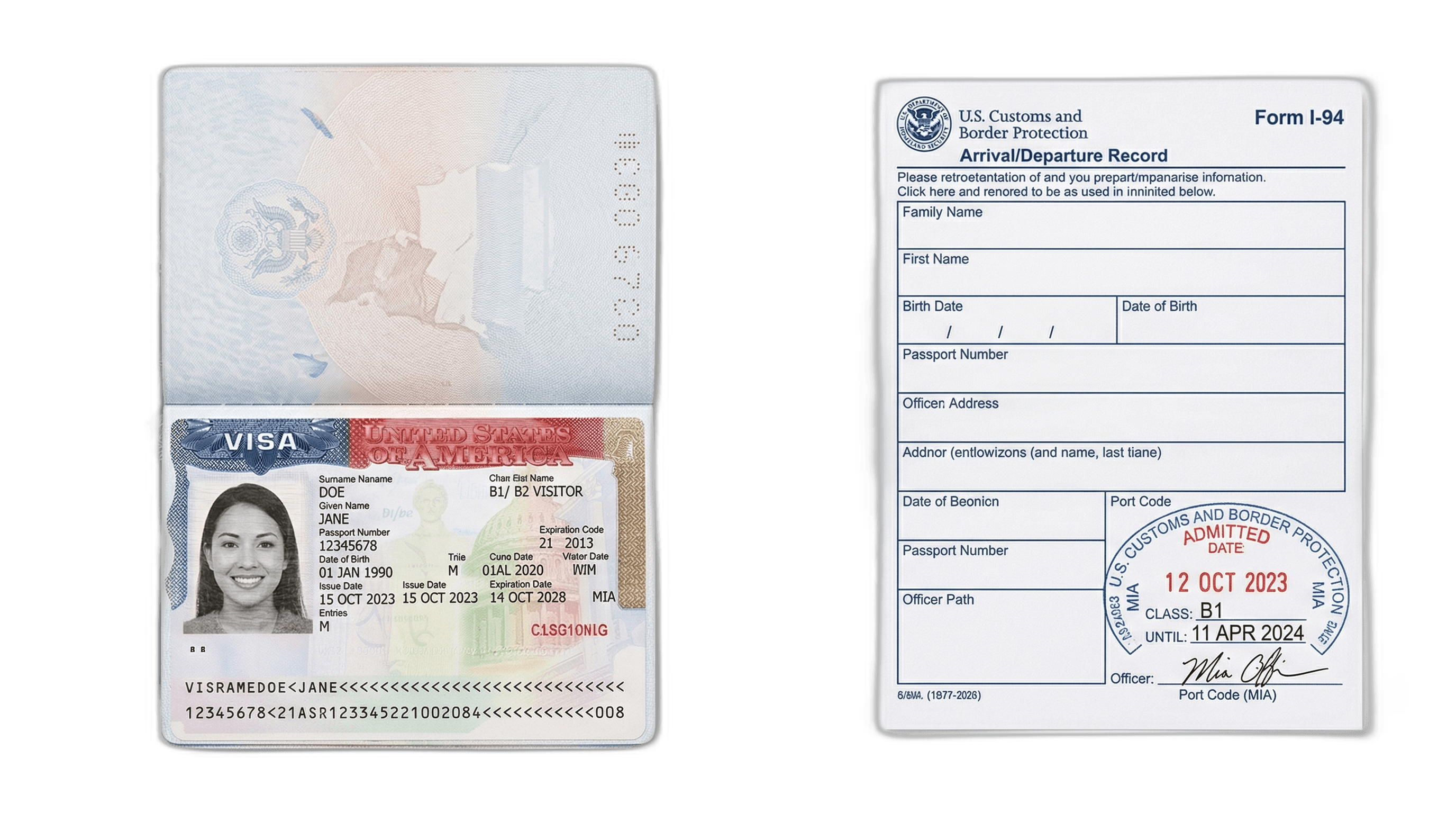 U.S. visa stamp and I-94 arrival record placed side by side to illustrate the difference between a visa and immigration status.