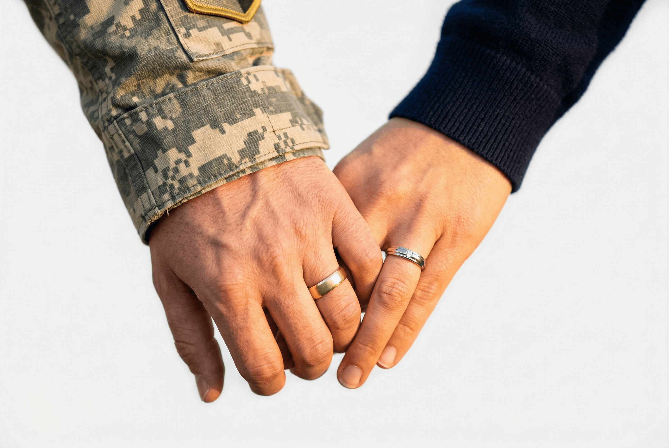 Military service member and spouse holding hands with wedding rings visible