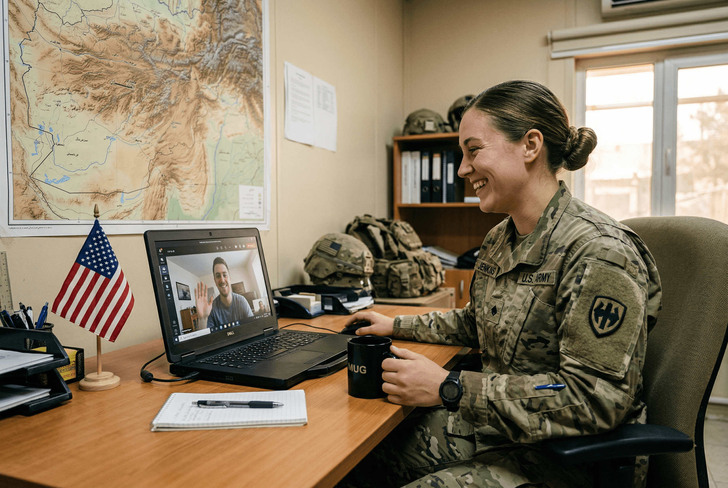 Service member video-calling family from overseas military office