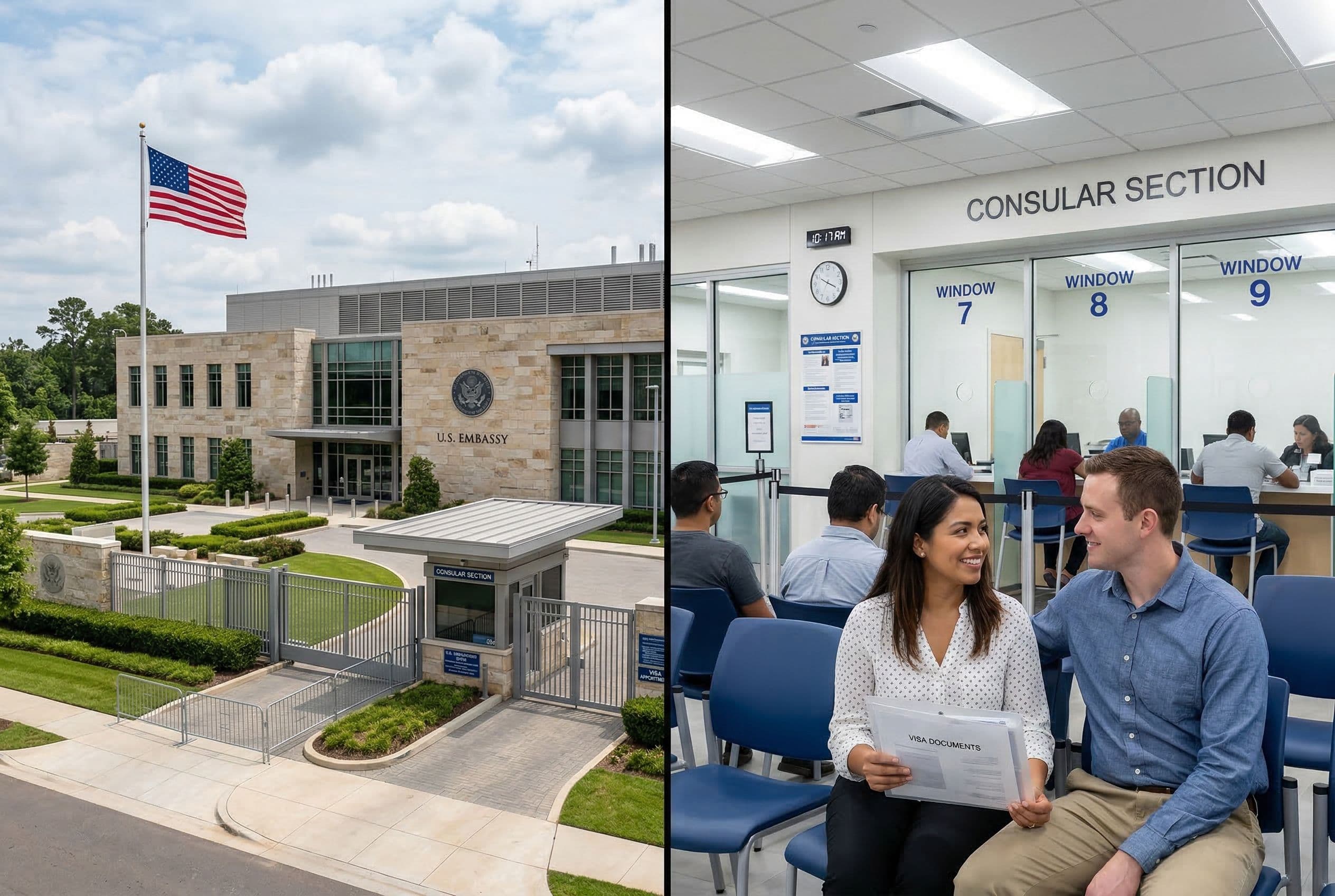 U.S. Embassy exterior with American flag and consular section interior where a couple waits for their K-1 fiancée visa interview