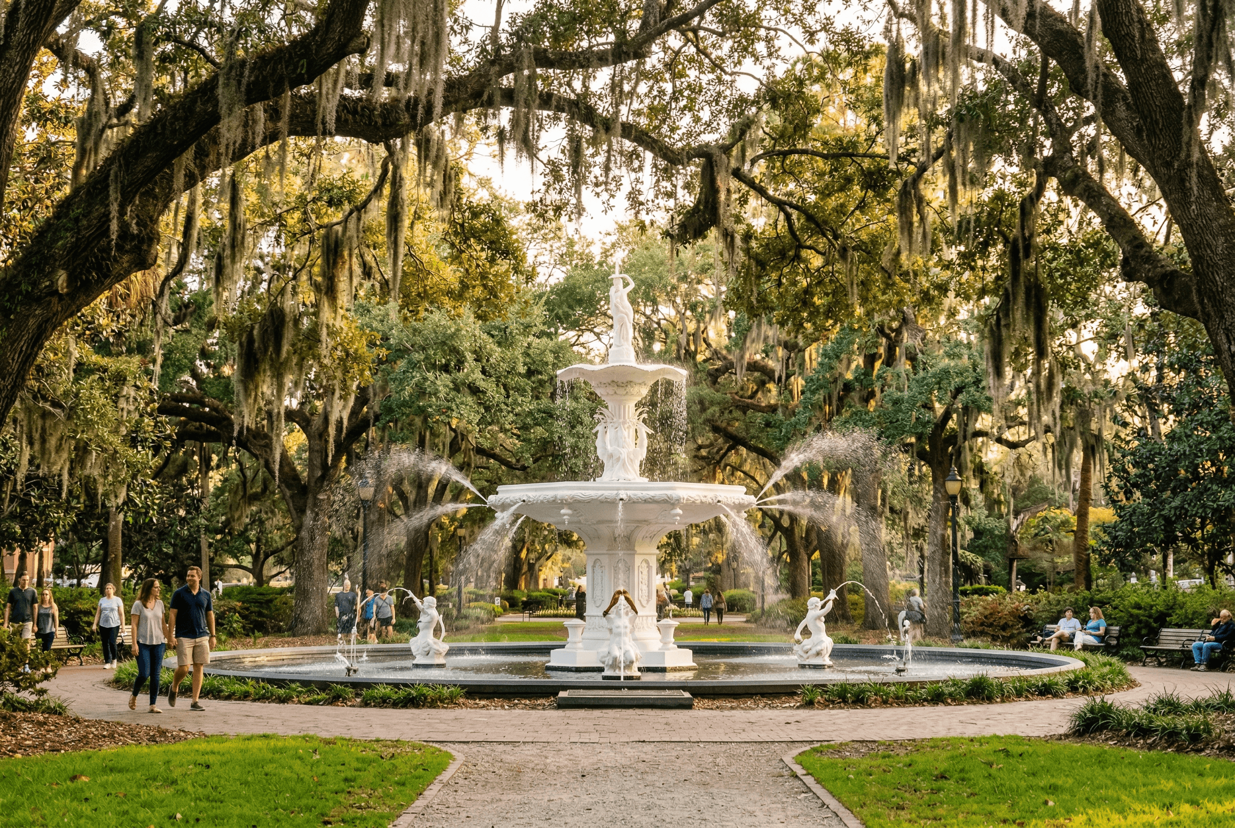 Forsyth Park fountain in Savannah, Georgia, surrounded by live oak trees