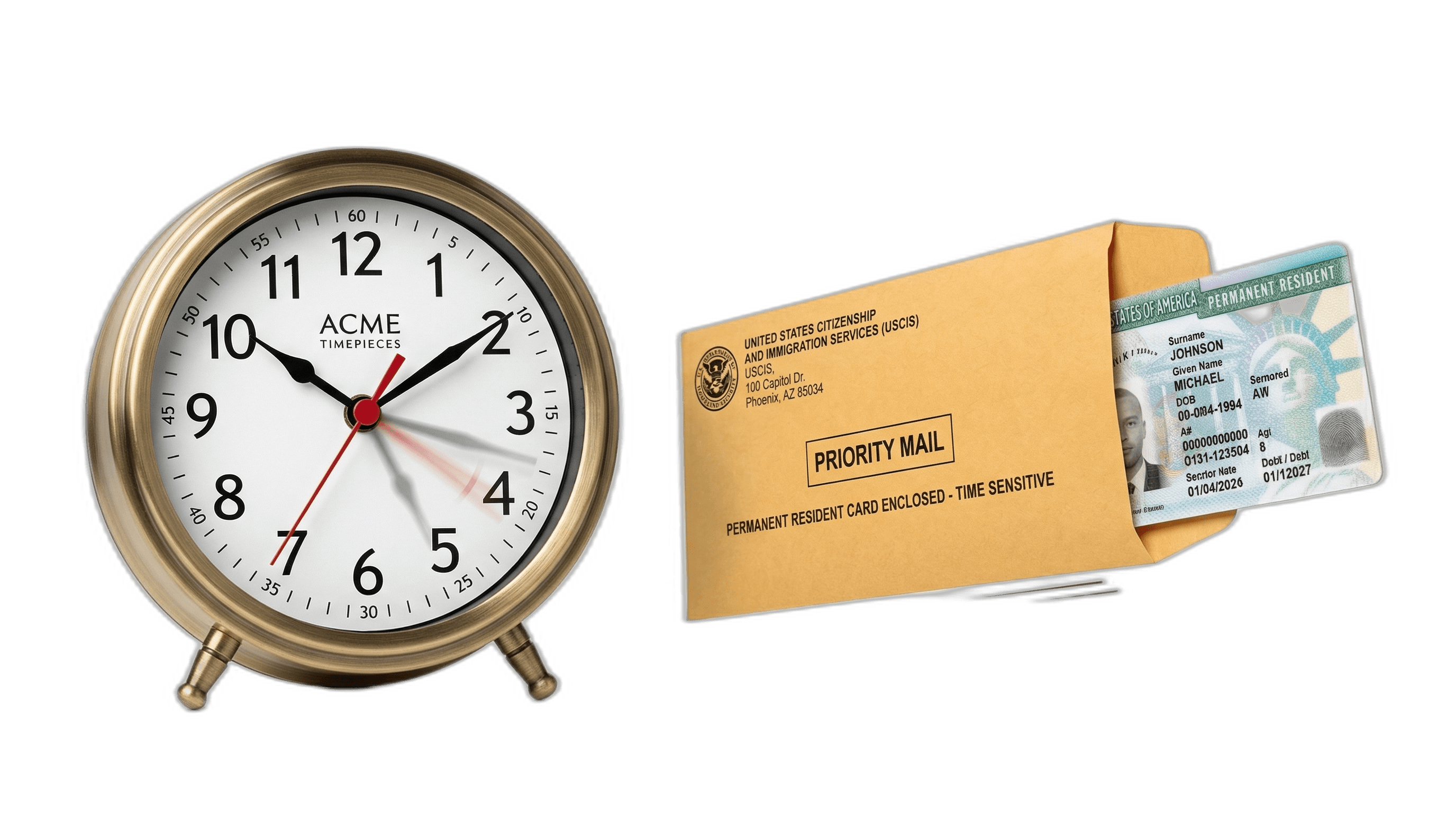 Analog desk clock next to a green card emerging from a USCIS envelope, symbolizing urgency in the immigration process.