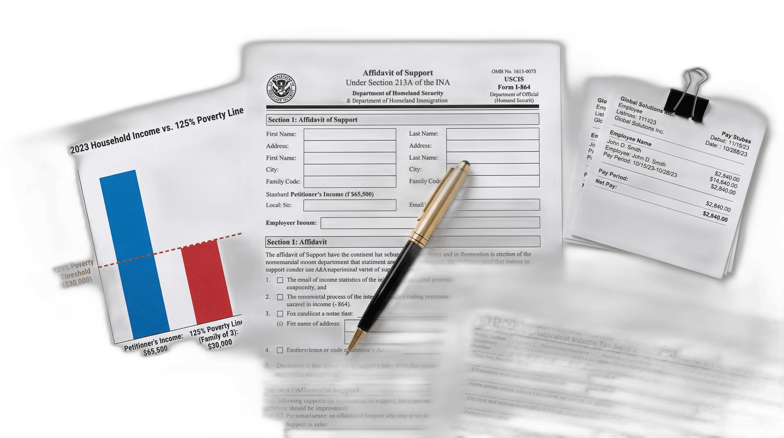 Form I-864 Affidavit of Support with tax return, pay stubs, and income chart showing the 125% poverty guideline threshold.