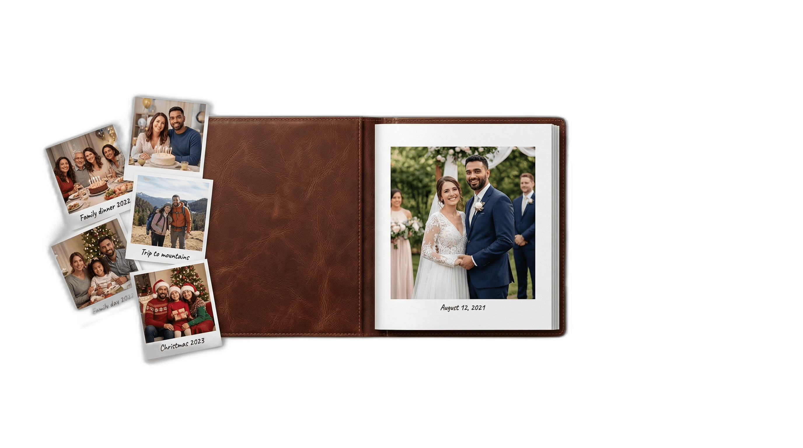 Evidence package for a marriage-based green card: photo album, joint bank statement, lease, and wedding rings.