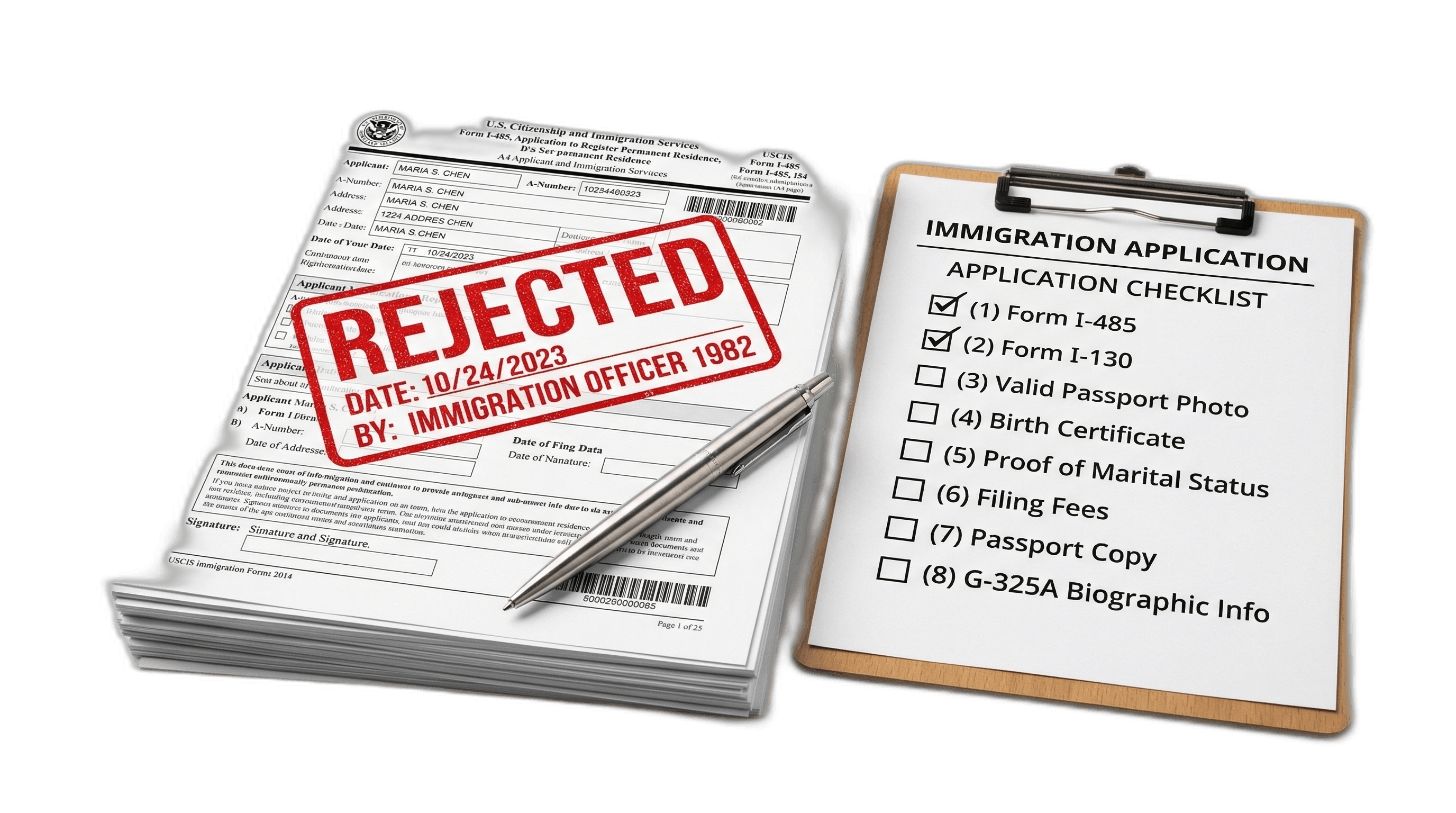 Immigration application packet with a red REJECTED stamp and an unchecked application checklist on a clipboard.