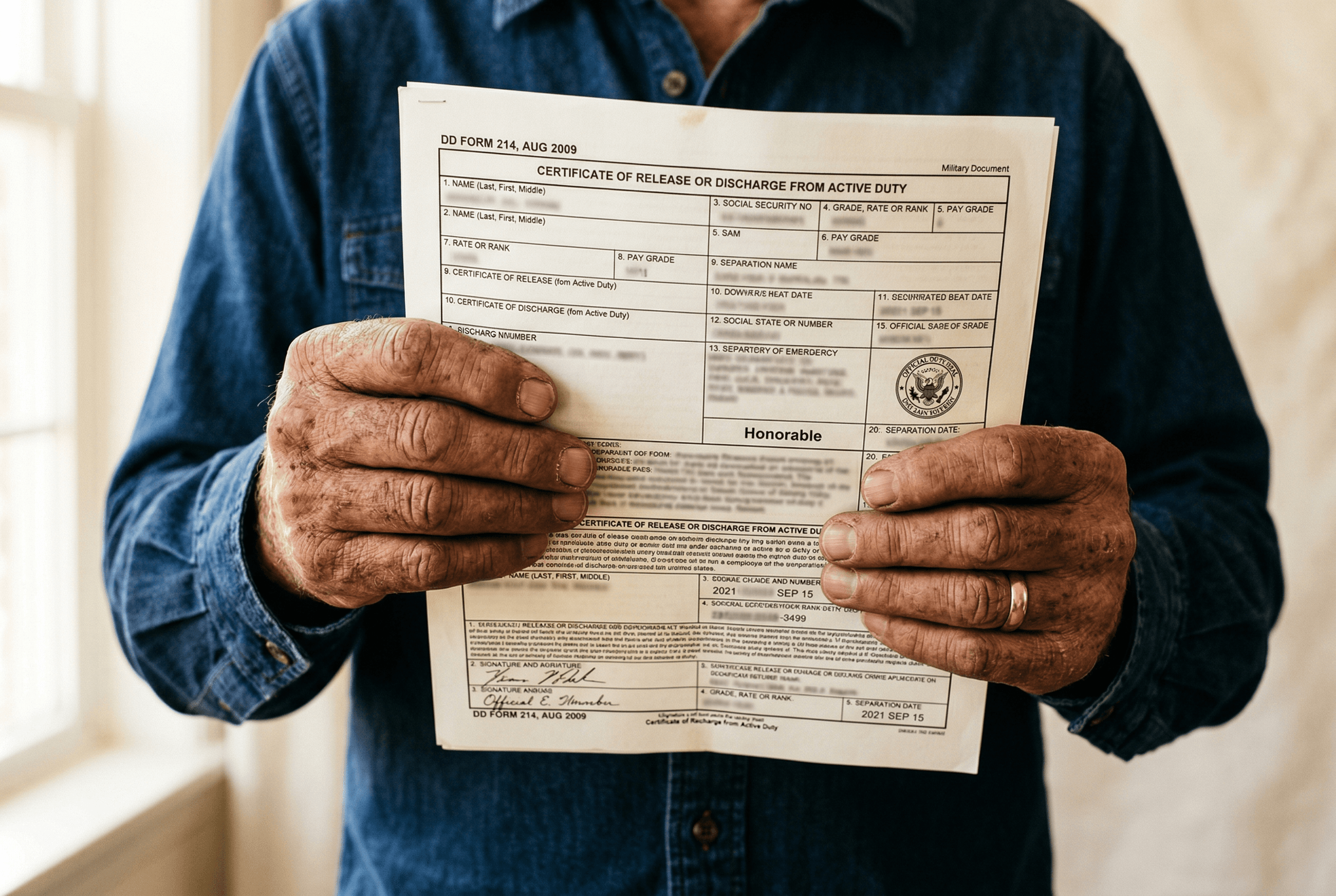 Veteran holding DD-214 discharge document