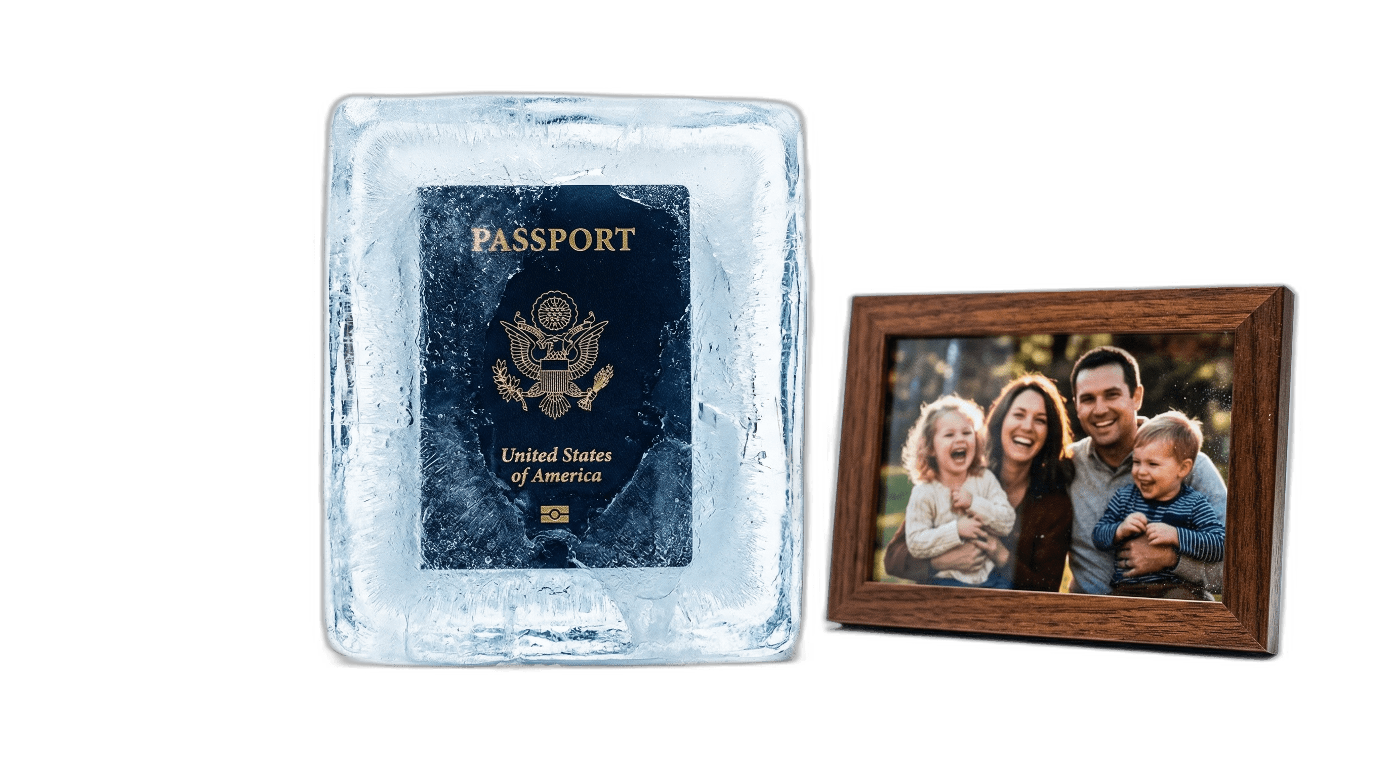U.S. passport frozen in a block of ice beside a family photo, symbolizing the immigrant visa processing freeze.