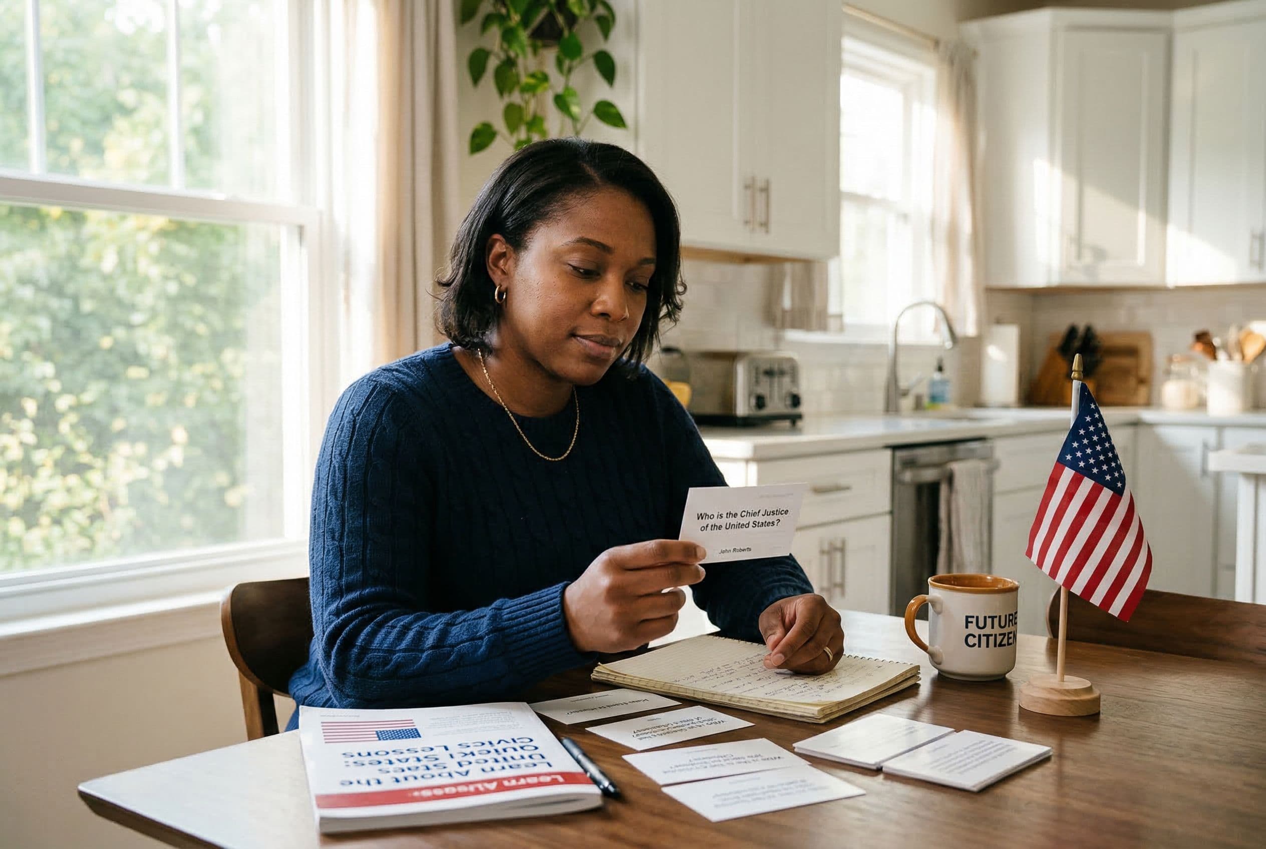 Woman studying U.S. citizenship civics test flashcards at her kitchen table with an American flag, preparing for her naturalization interview