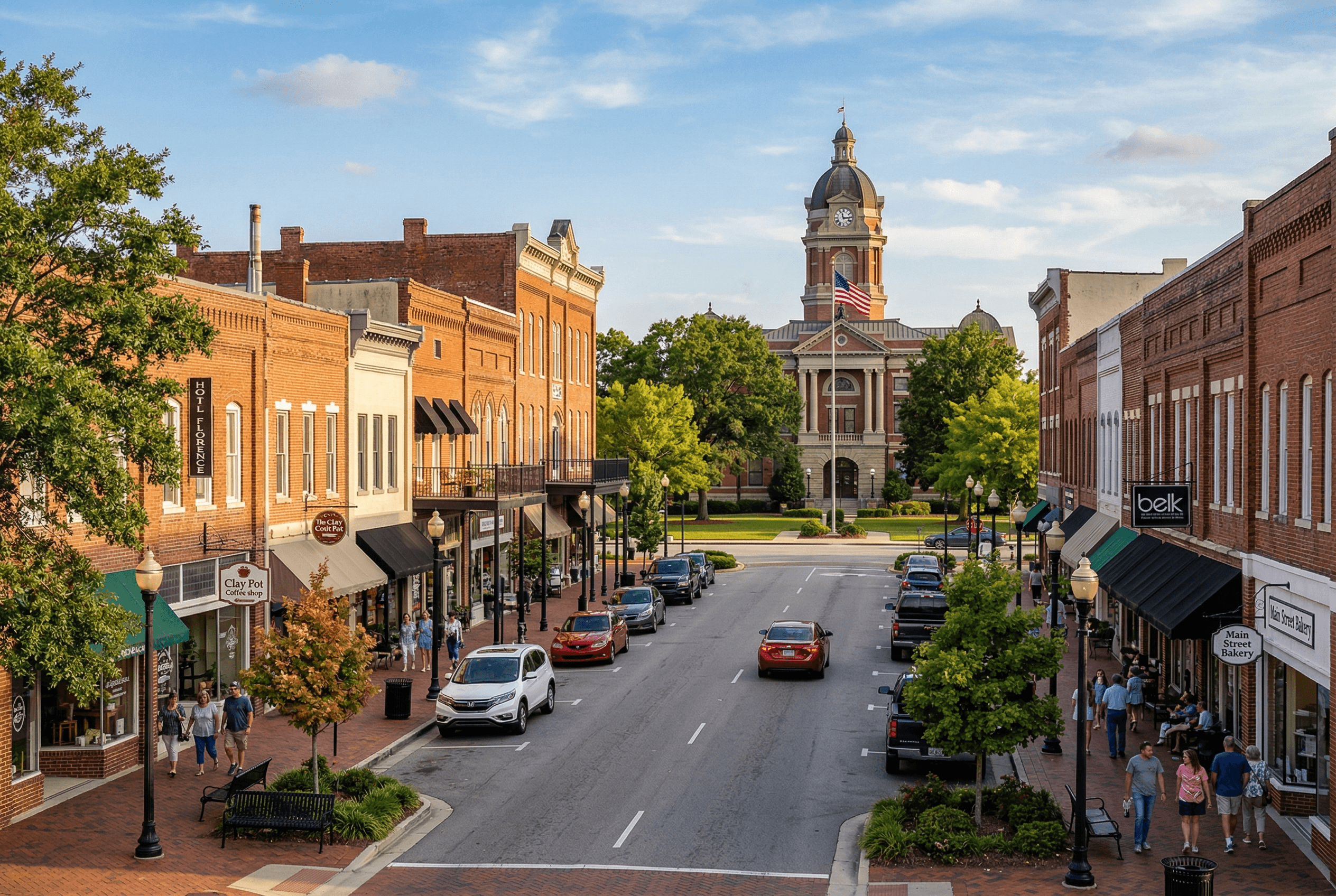 Downtown Florence, South Carolina with historic brick buildings