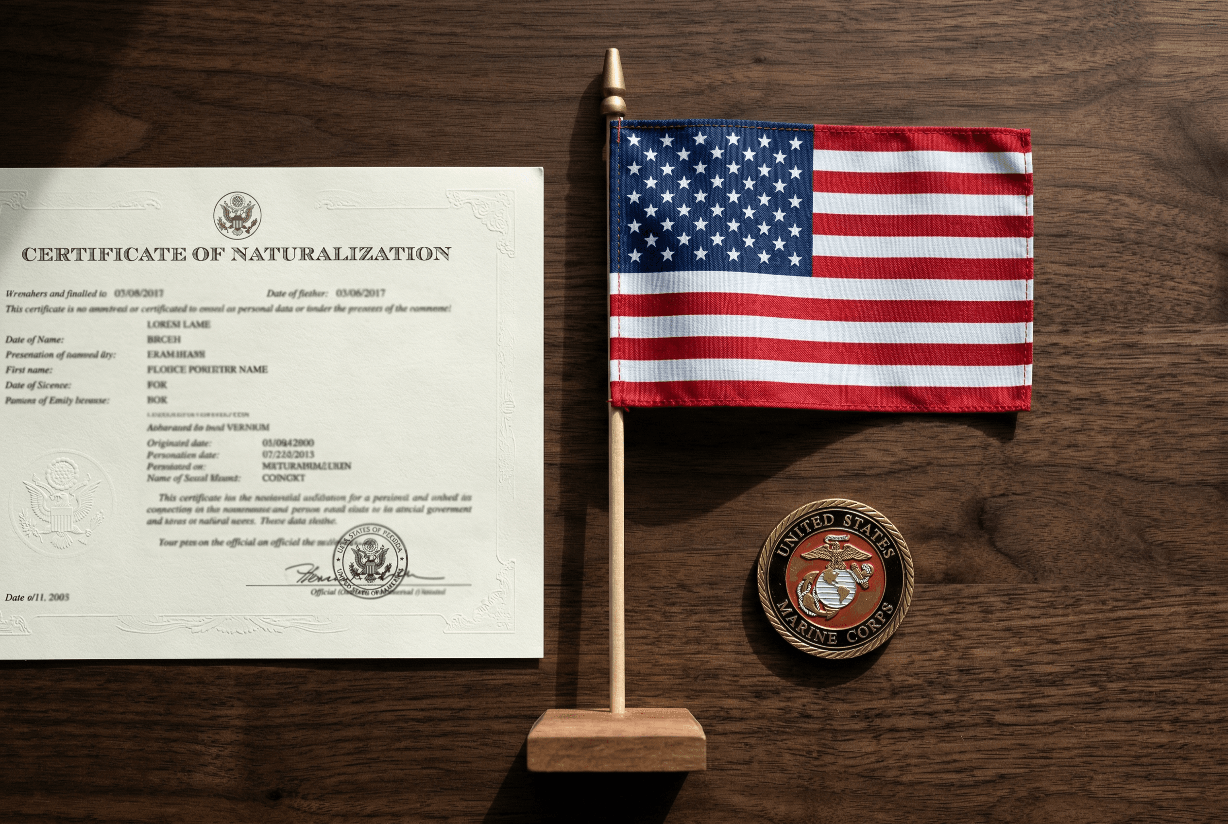 American flag, naturalization certificate, and military challenge coin on wood desk