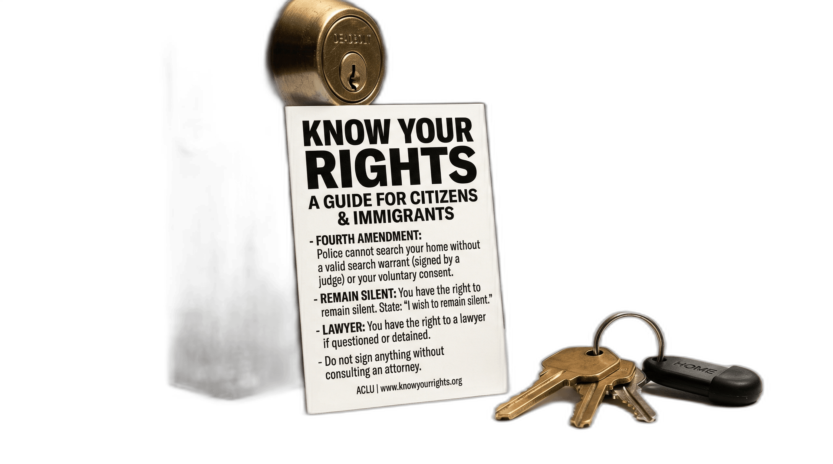 Know Your Rights card leaning against a locked front door with house keys, representing immigrant rights during enforcement encounters.
