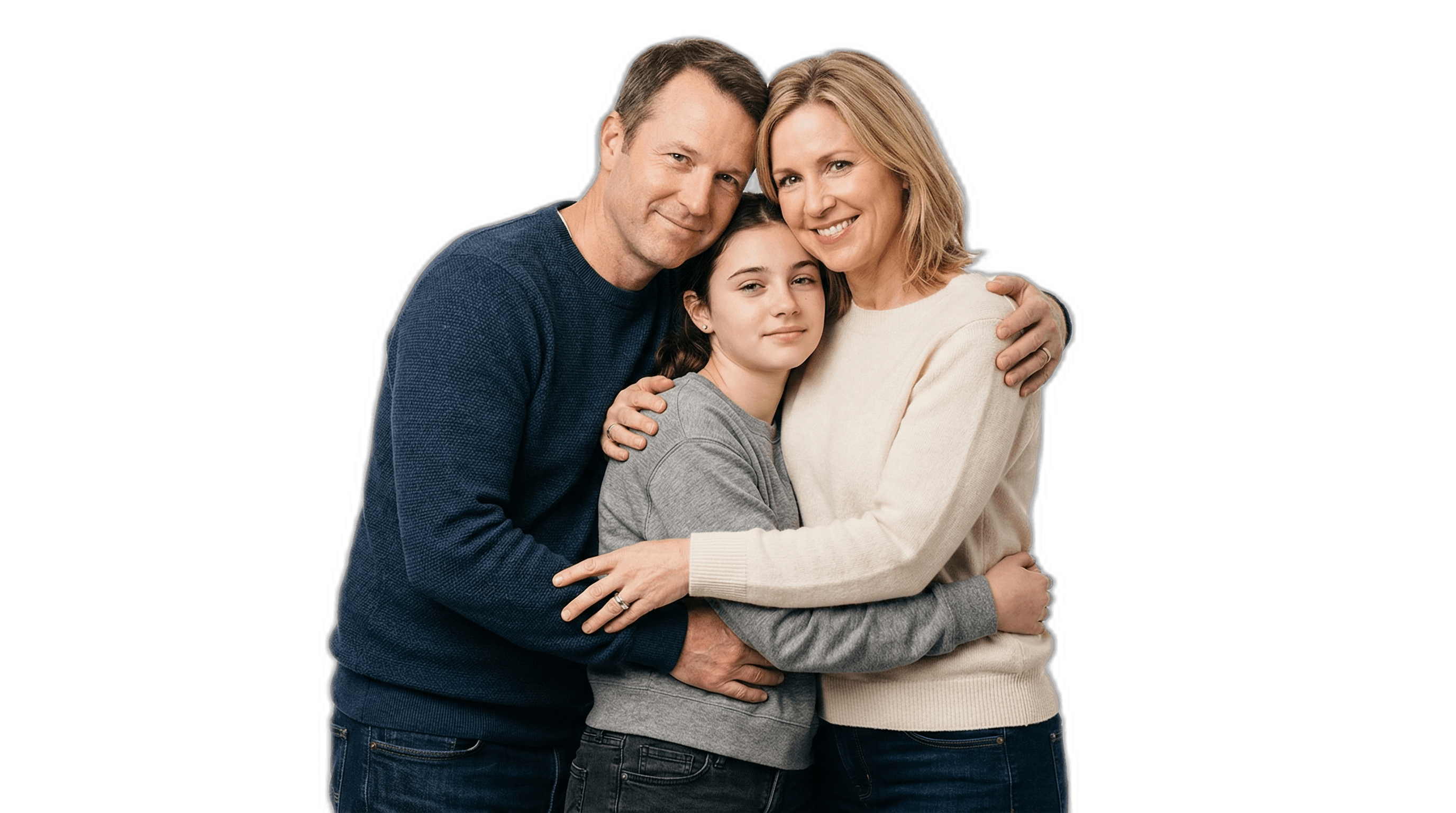 Family of three in a supportive group embrace during the emotional wait for USCIS processing.