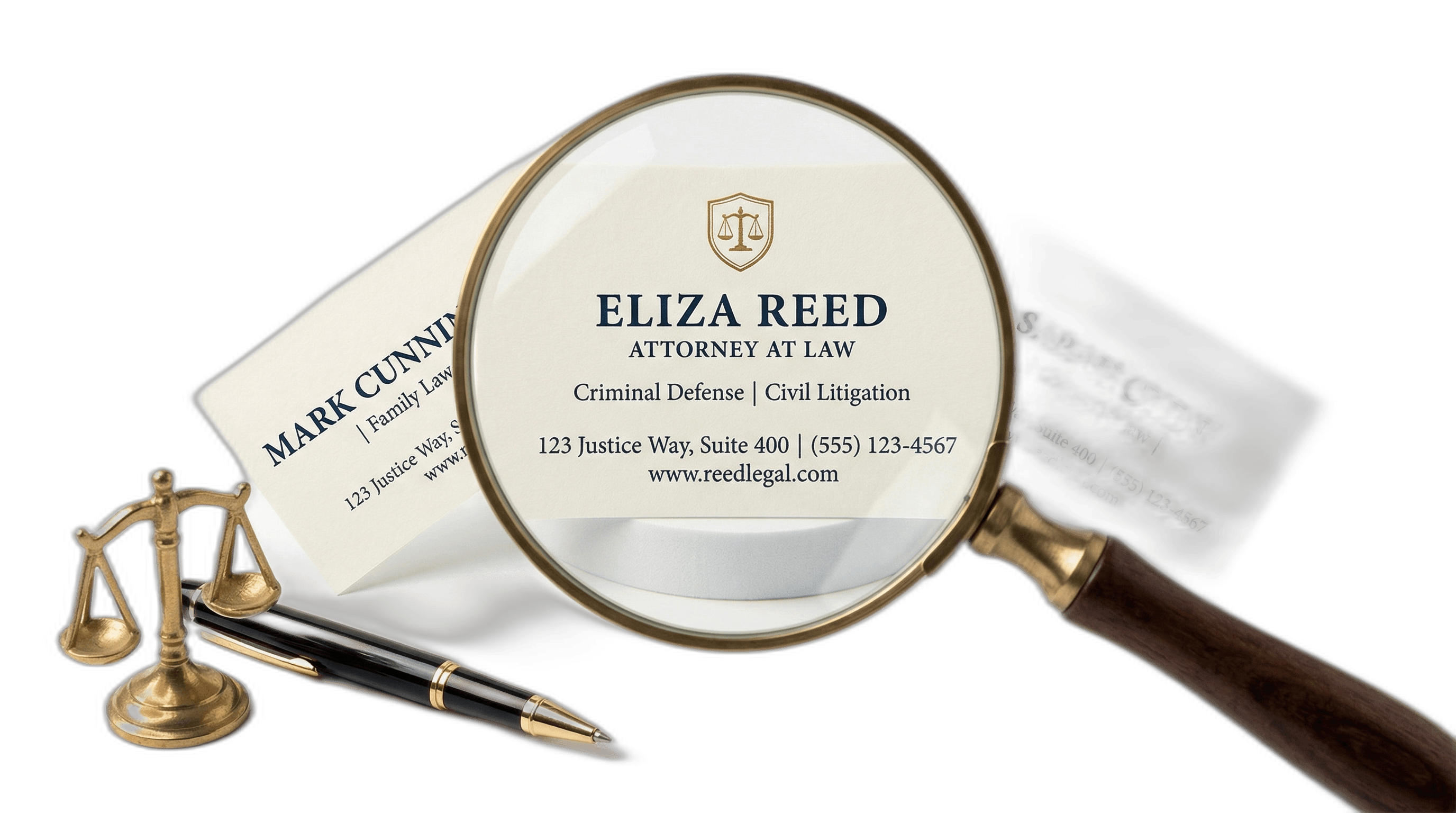 Magnifying glass over attorney business cards with a scale of justice, symbolizing choosing the right immigration lawyer.