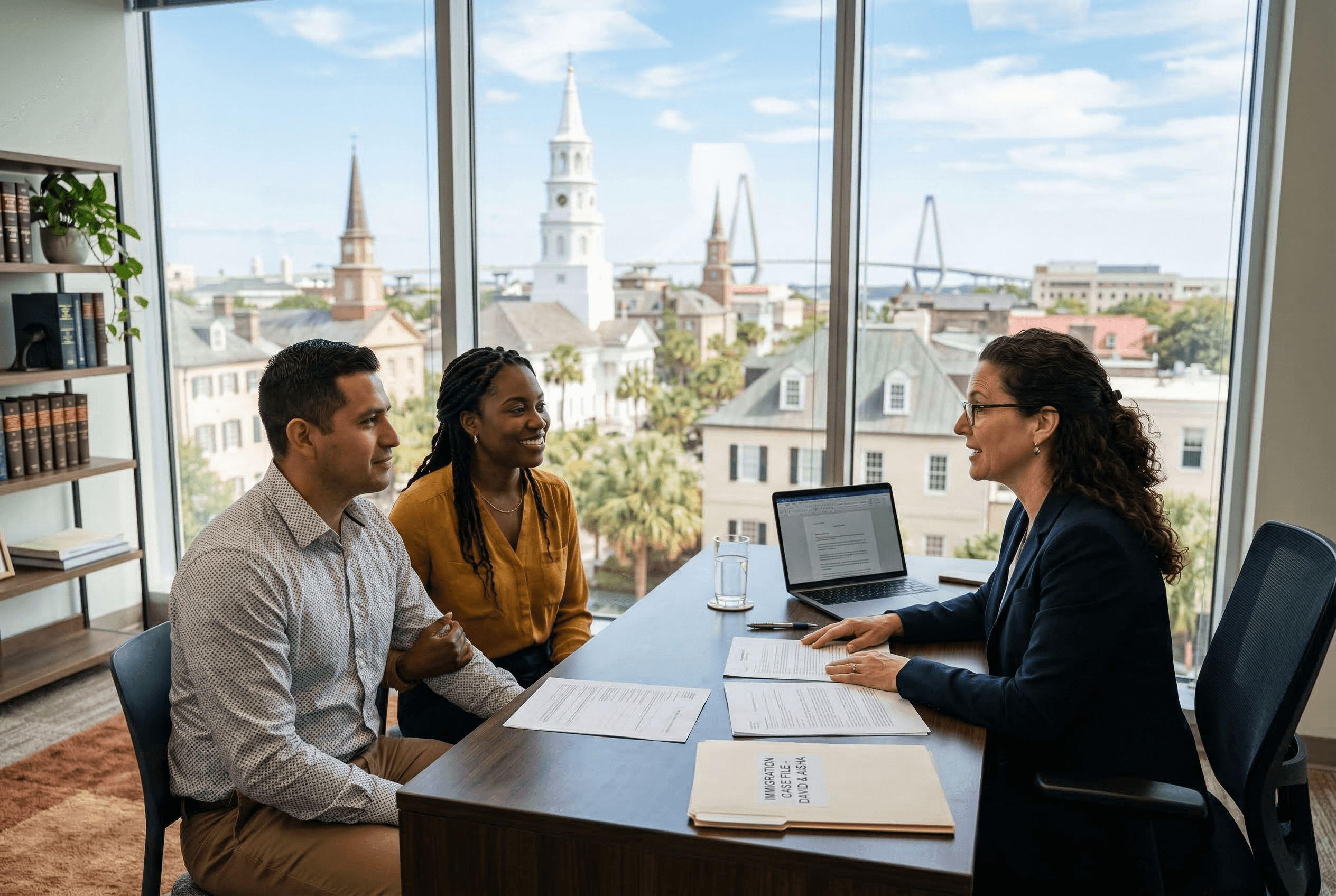 Immigration attorney reviewing interview preparation documents in Charleston office