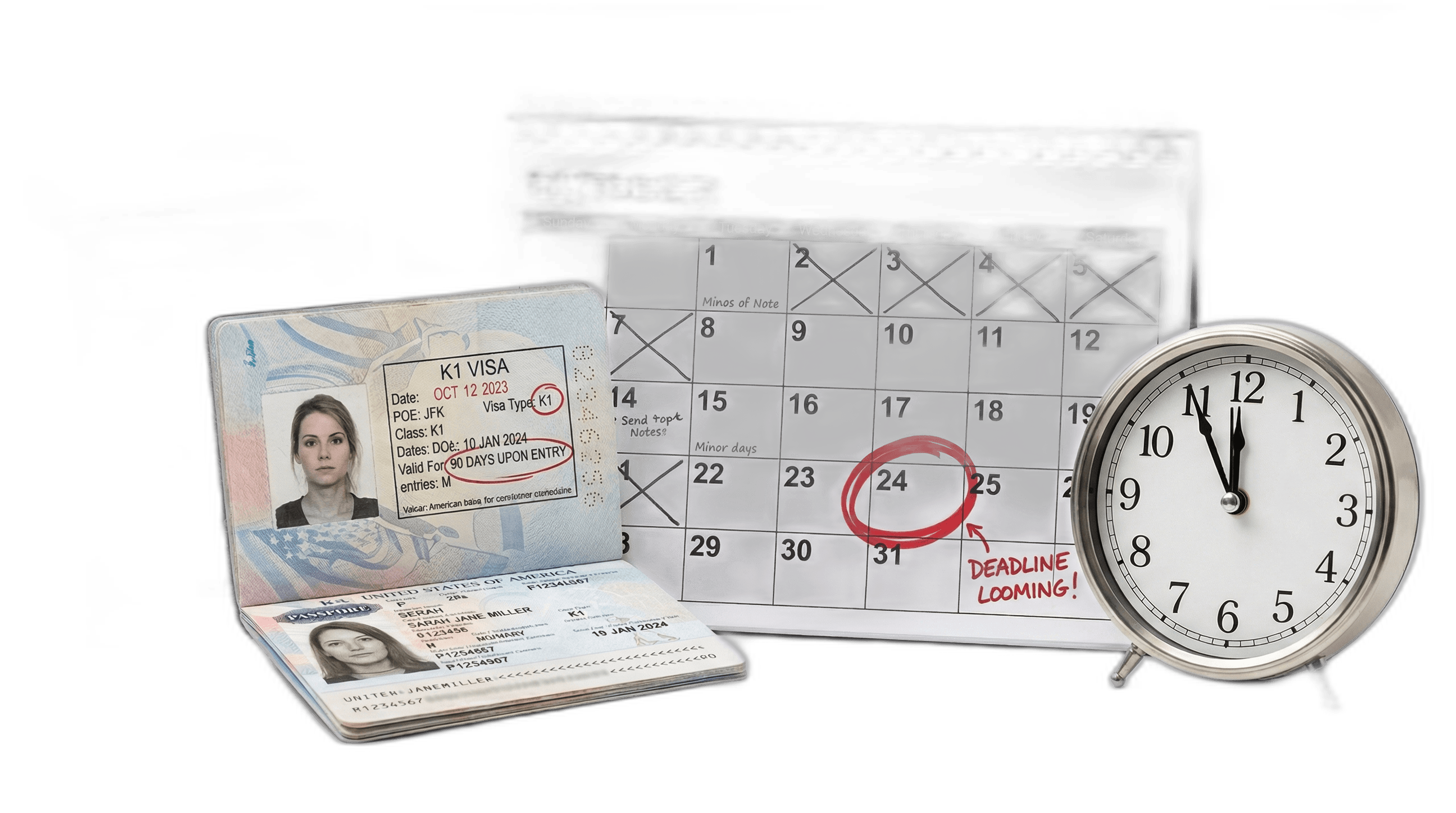 Calendar with day 90 circled in red next to a K-1 visa stamp and clock showing 11:55, symbolizing the marriage deadline.